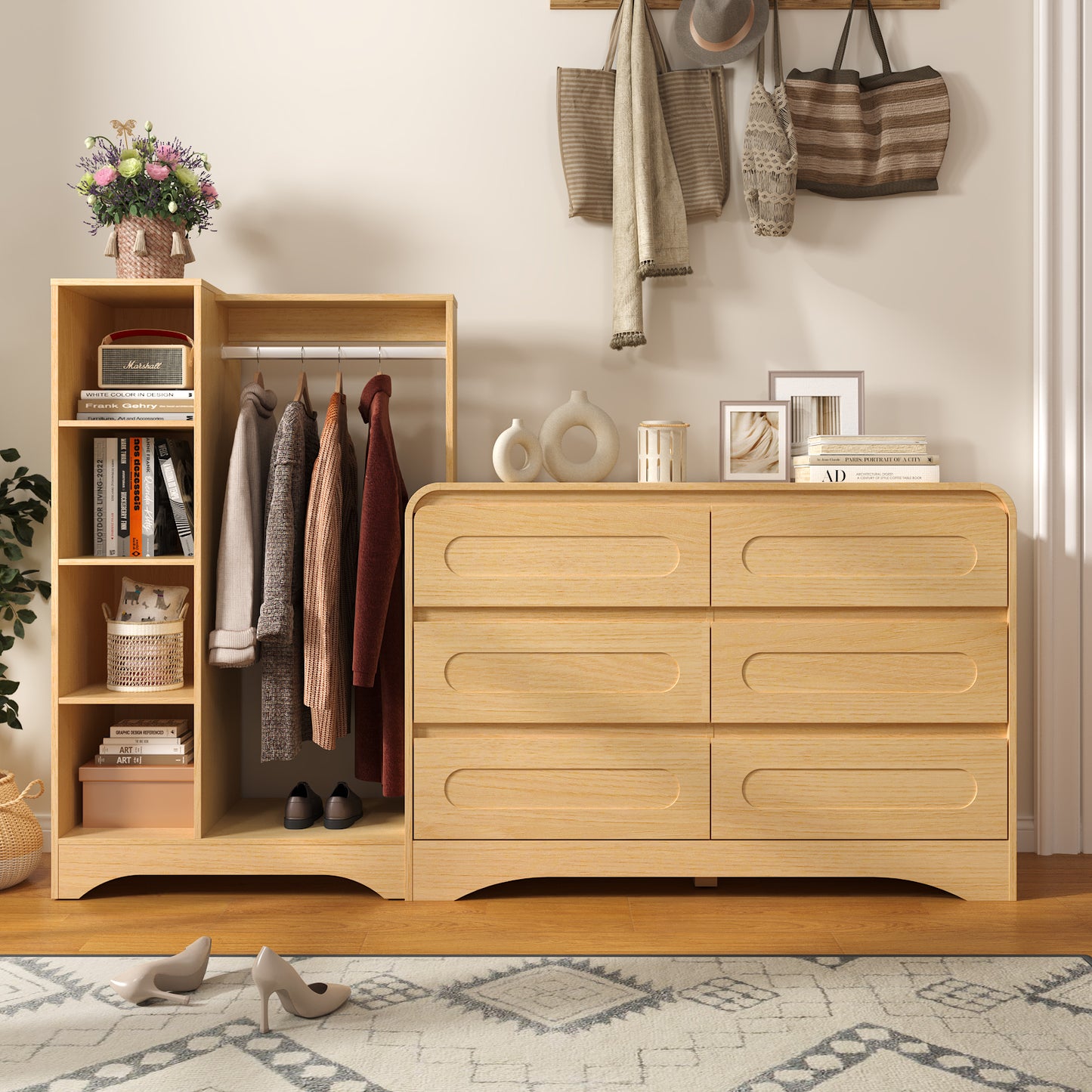6 Drawers Dresser with Clothes Hanging Rack,3-in-1 Wardrobe Closet for Bedroom
