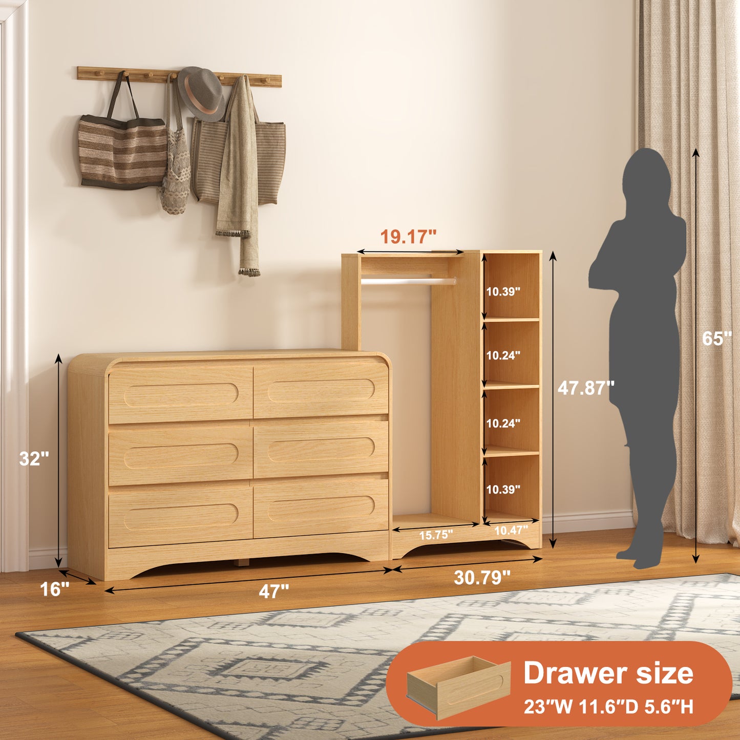 6 Drawers Dresser with Clothes Hanging Rack,3-in-1 Wardrobe Closet for Bedroom