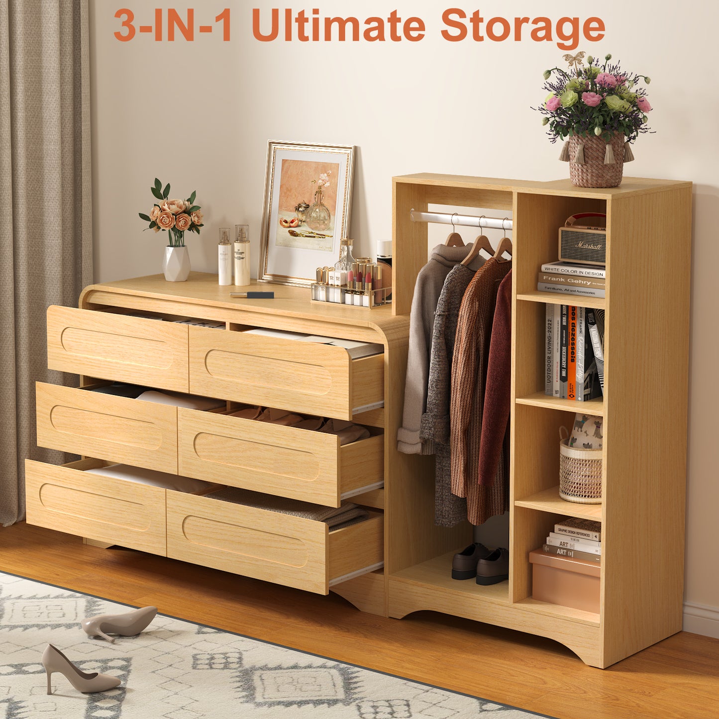 6 Drawers Dresser with Clothes Hanging Rack,3-in-1 Wardrobe Closet for Bedroom