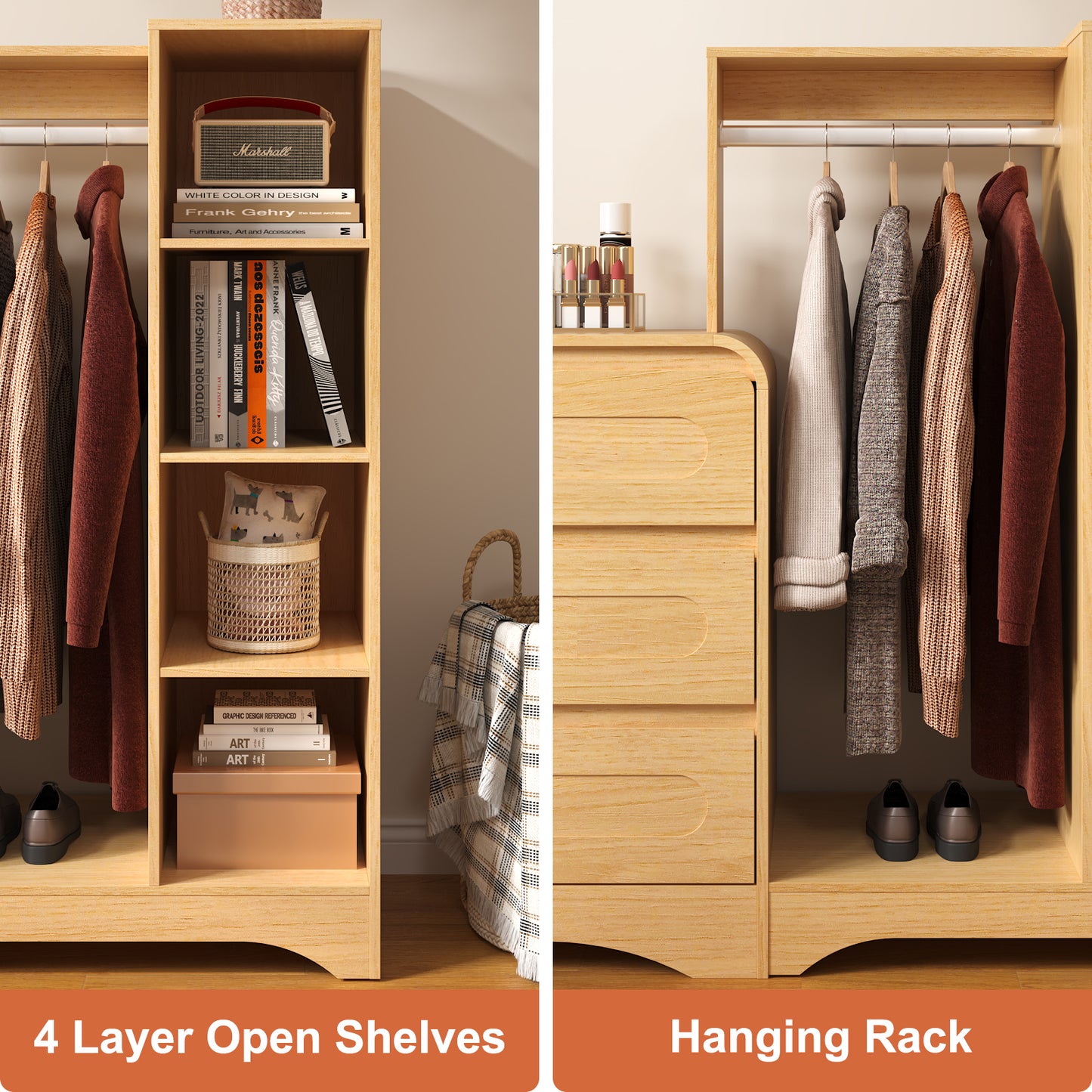 6 Drawers Dresser with Clothes Hanging Rack,3-in-1 Wardrobe Closet for Bedroom