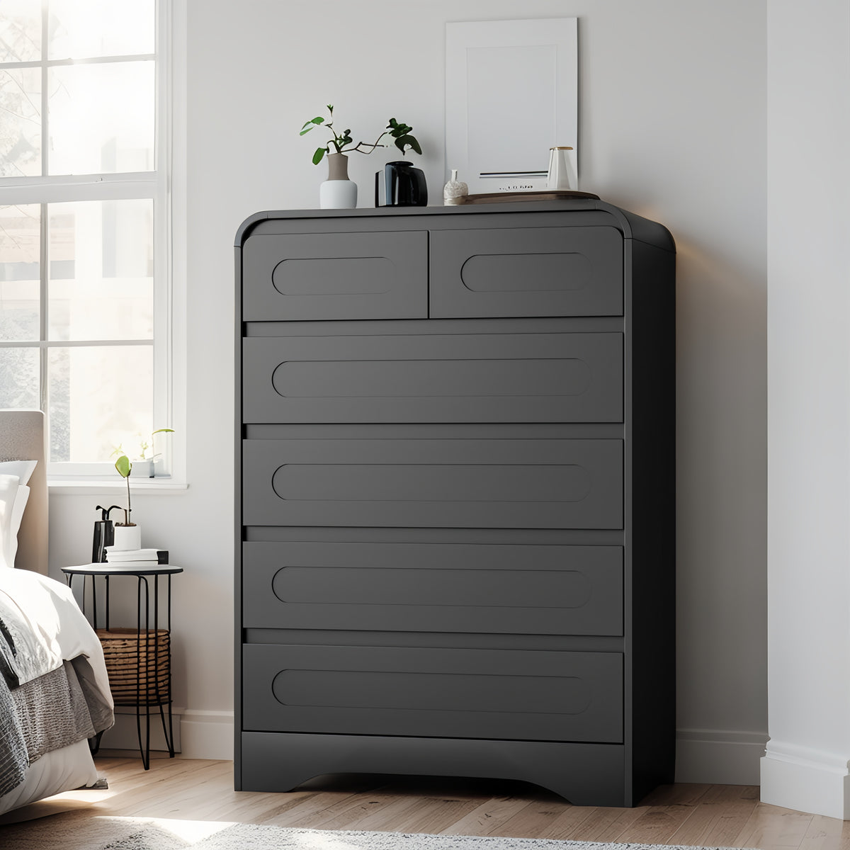 SOLACE FURNITURE 44" Tall 6 Drawers Chest, Modern Wooed Closet Storage Dressers for Bedroom