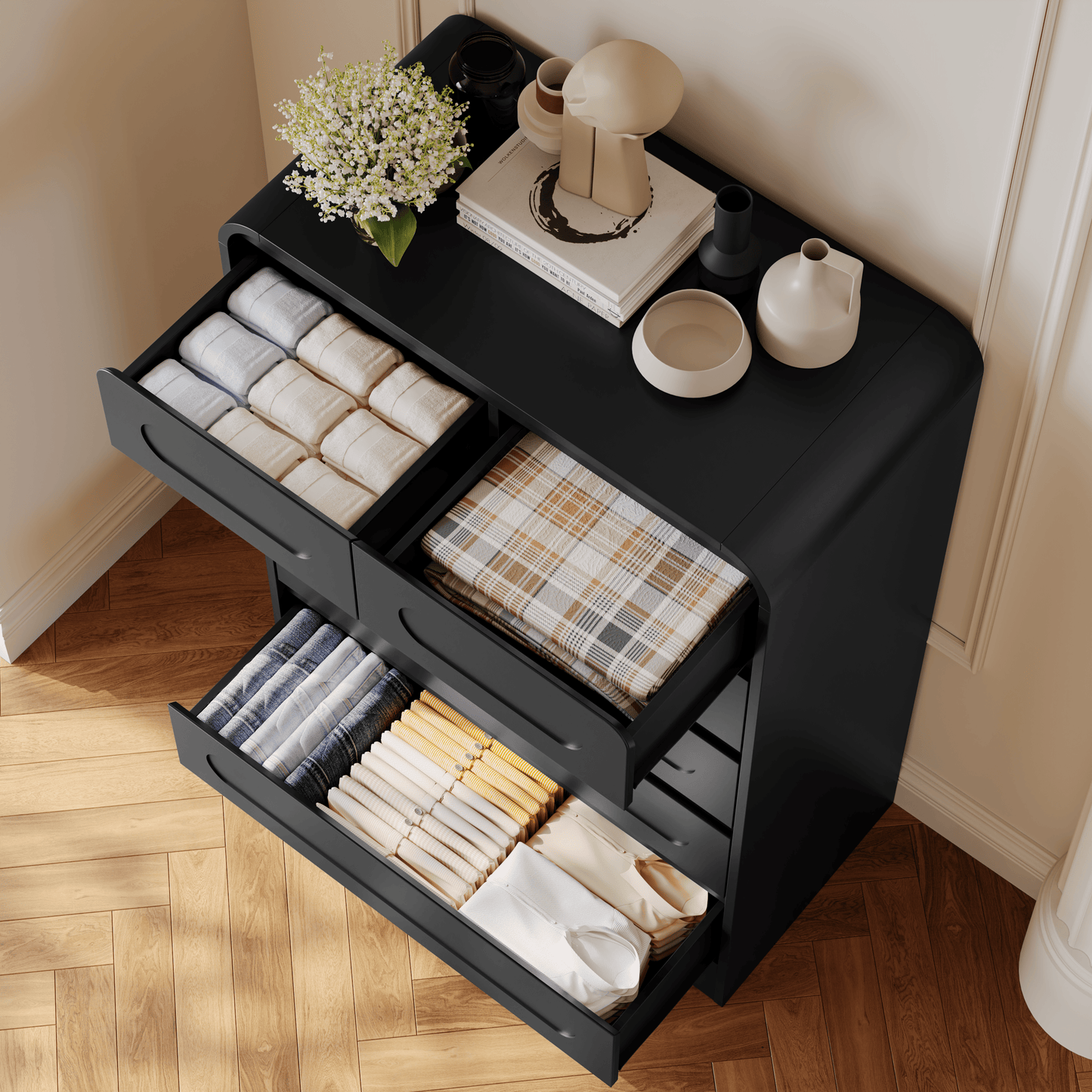 SOLACE FURNITURE 44" Tall 6 Dressers Drawers with Pre-installed Slides, Modern Wood Closet Storage Dressers