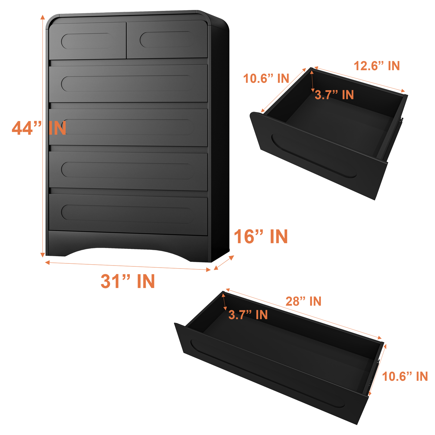 SOLACE FURNITURE 44" Tall 6 Dressers Drawers with Pre-installed Slides, Modern Wood Closet Storage Dressers