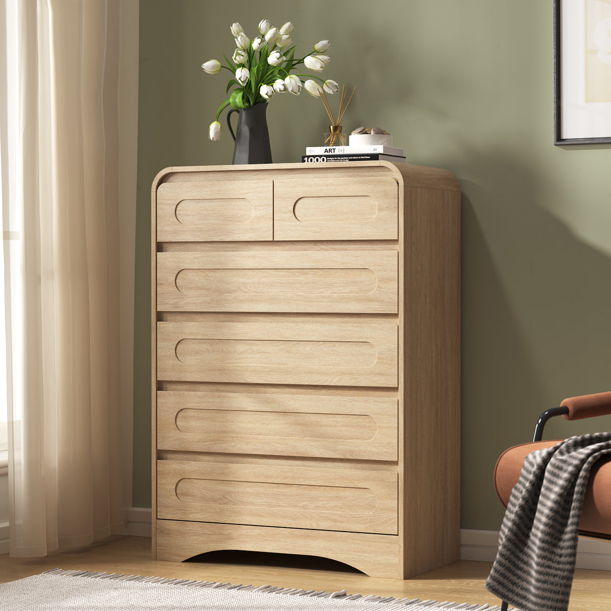 SOLACE FURNITURE 44" Tall 6 Drawers Chest, Modern Wooed Closet Storage Dressers for Bedroom