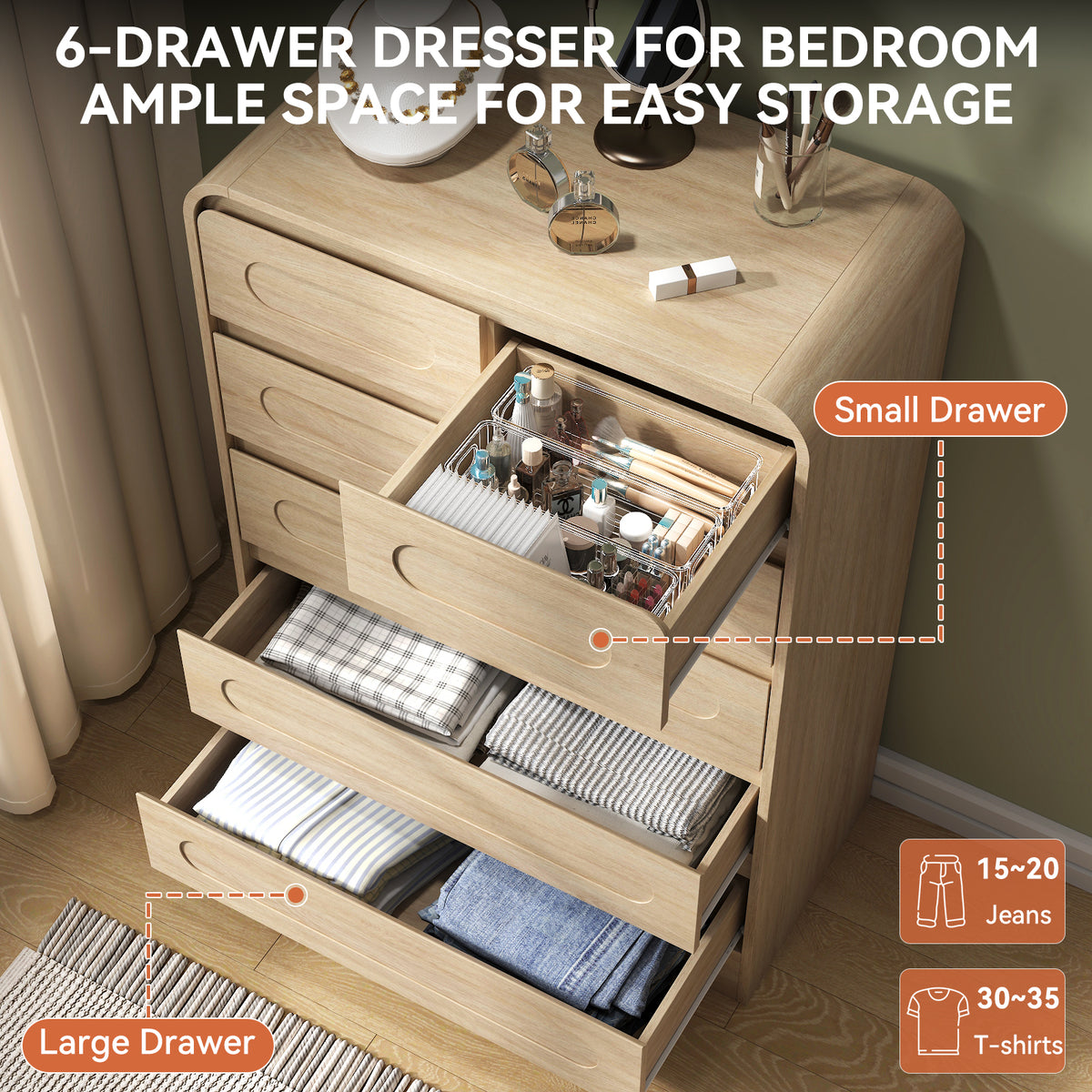 SOLACE FURNITURE 44" Tall 6 Drawers Chest, Modern Wooed Closet Storage Dressers for Bedroom