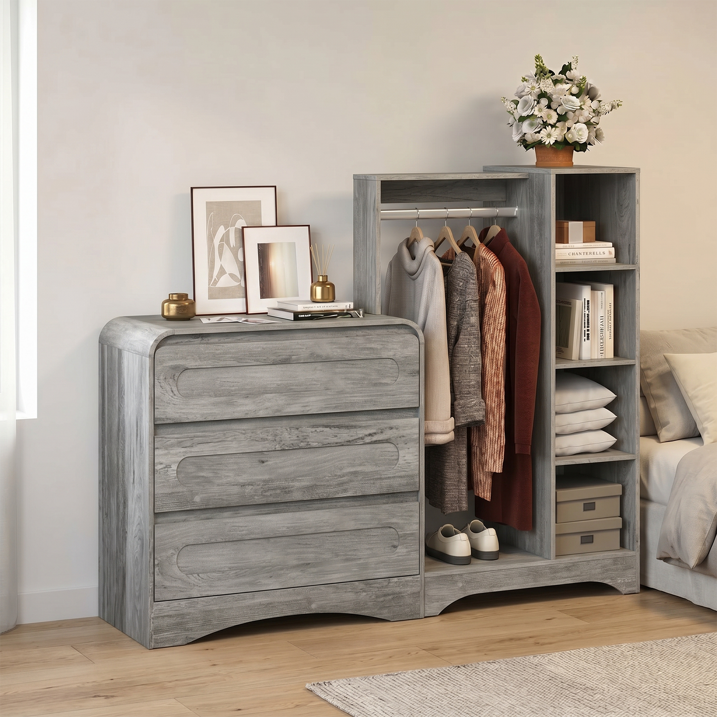 3－Drawers Dresser with Clothes Rack，Modern Wooden Storage Chest of Drawers for Bedroom