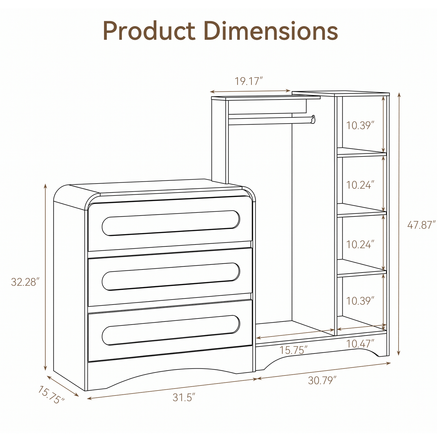 3－Drawers Dresser with Clothes Rack，Modern Wooden Storage Chest of Drawers for Bedroom