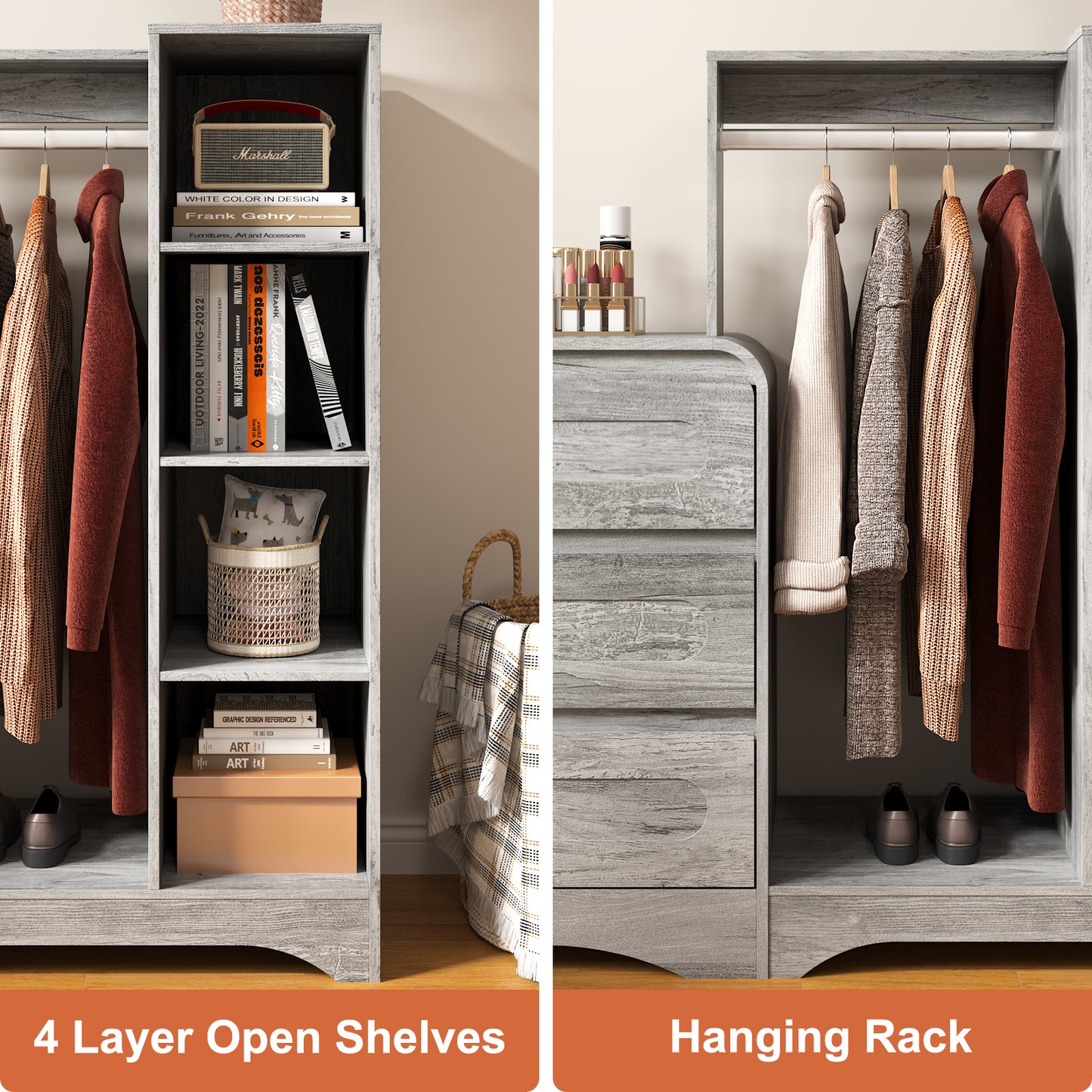 3－Drawers Dresser with Clothes Rack，Modern Wooden Storage Chest of Drawers for Bedroom