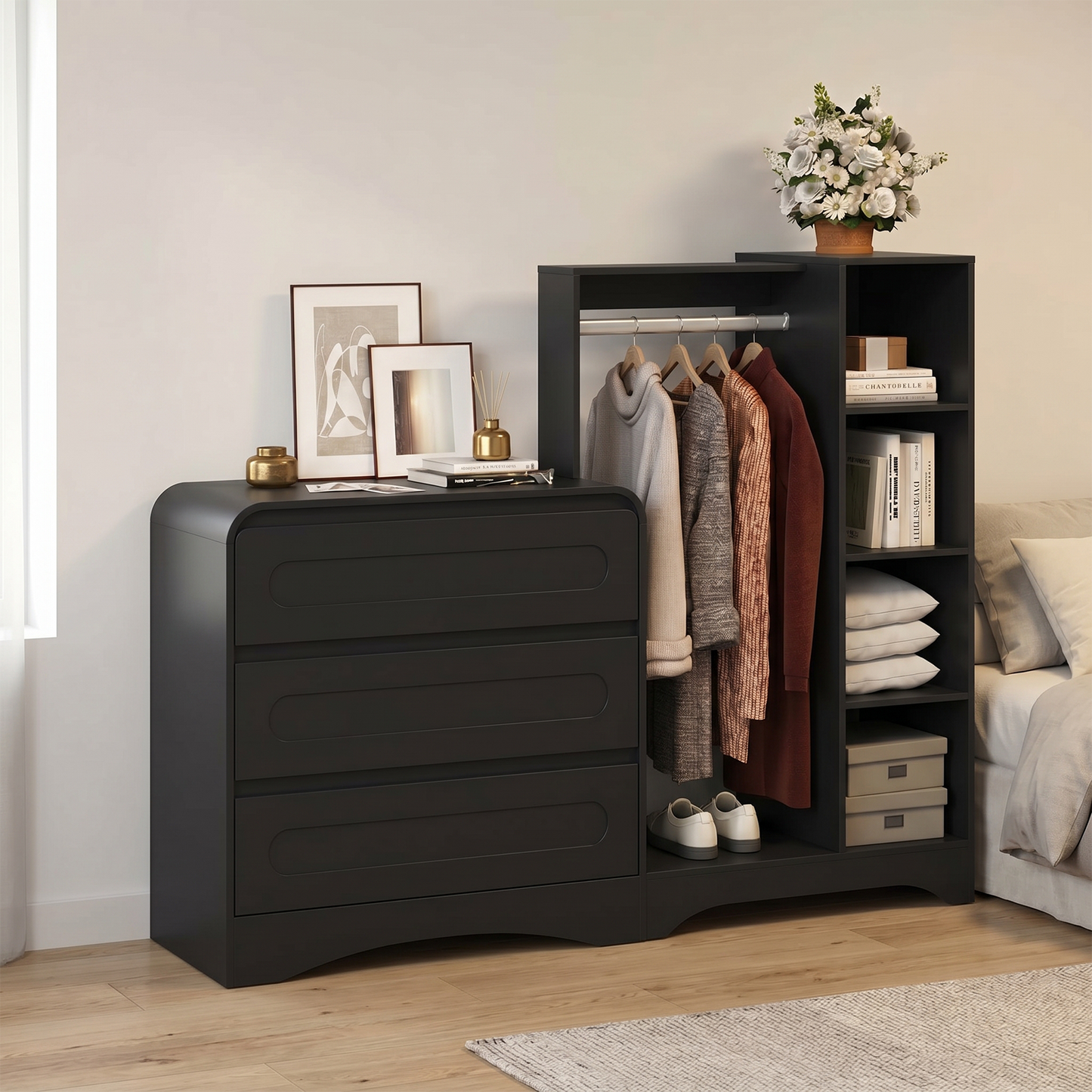 3－Drawers Dresser with Clothes Rack，Modern Wooden Storage Chest of Drawers for Bedroom