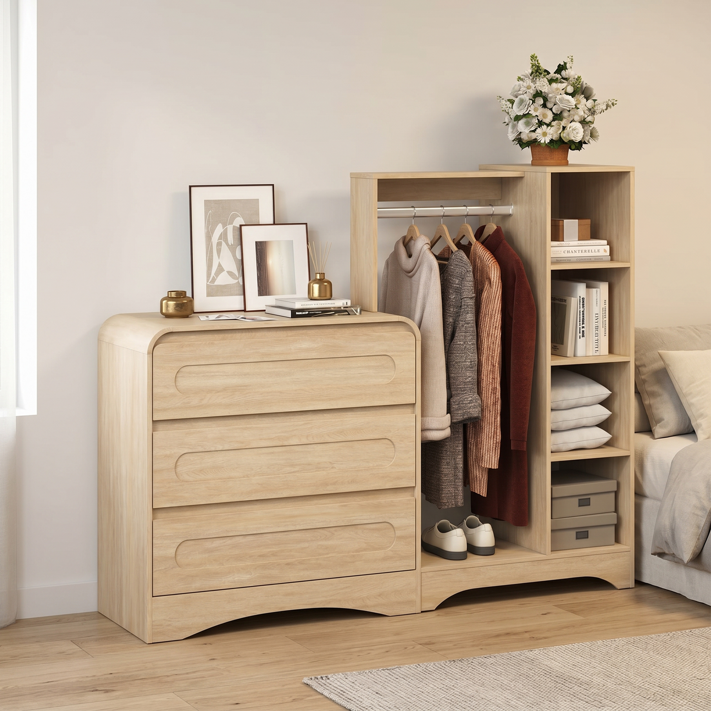 3－Drawers Dresser with Clothes Rack，Modern Wooden Storage Chest of Drawers for Bedroom