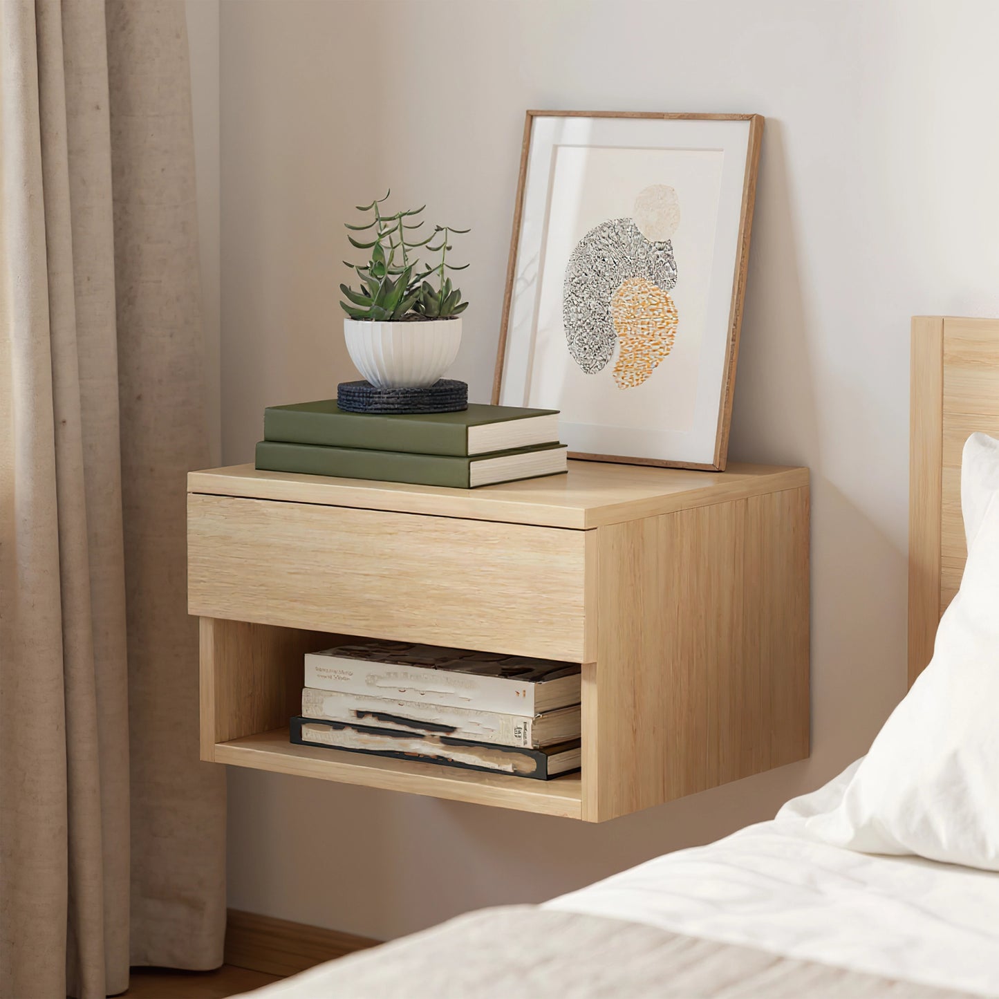 Oak Floating Bedside Table with Drawer, Wall Mount Nightstand, 15.7" Wide Modern Bedside Organizer