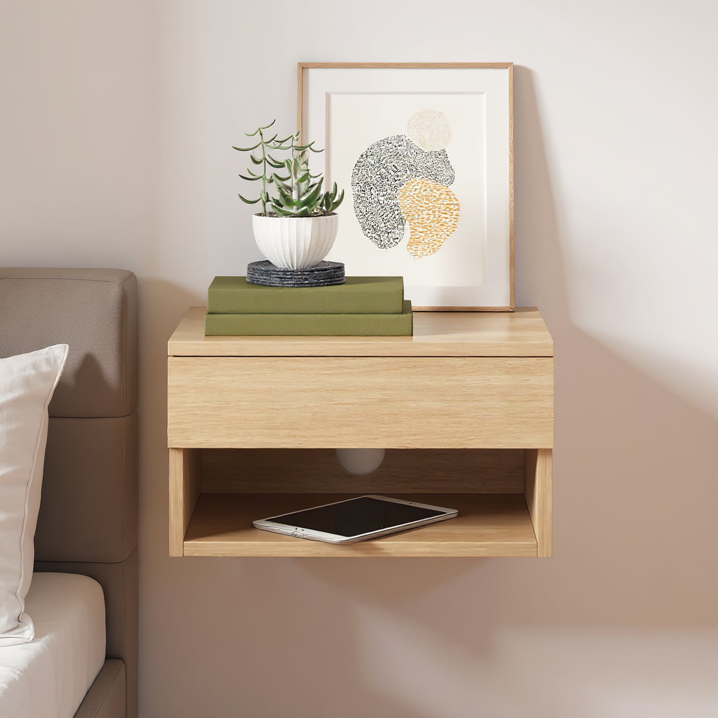 Oak Floating Bedside Table with Drawer, Wall Mount Nightstand, 15.7" Wide Modern Bedside Organizer