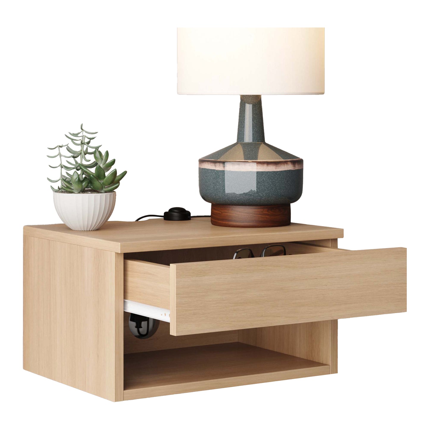 Oak Floating Bedside Table with Drawer, Wall Mount Nightstand, 15.7" Wide Modern Bedside Organizer