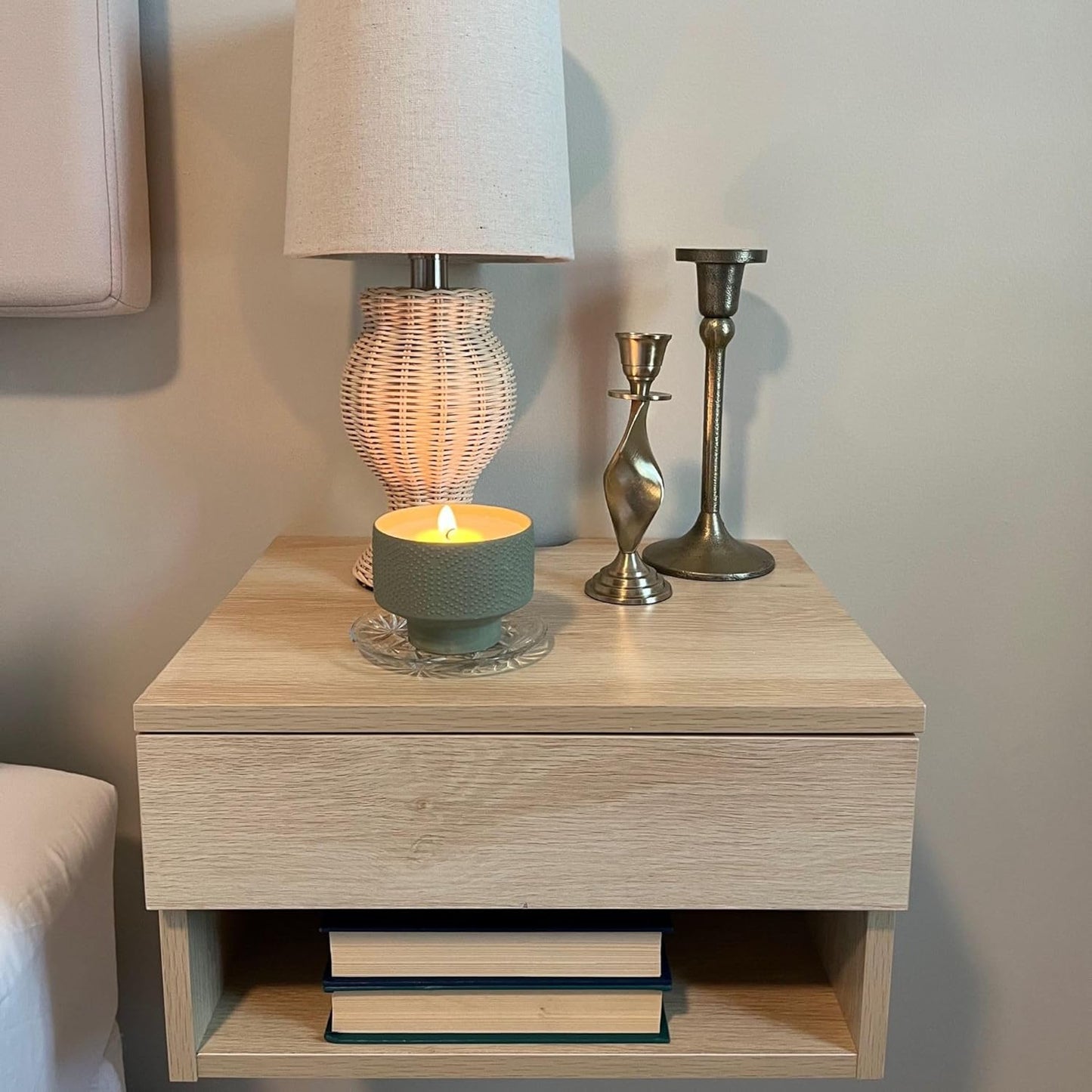 Oak Floating Bedside Table with Drawer, Wall Mount Nightstand, 15.7" Wide Modern Bedside Organizer