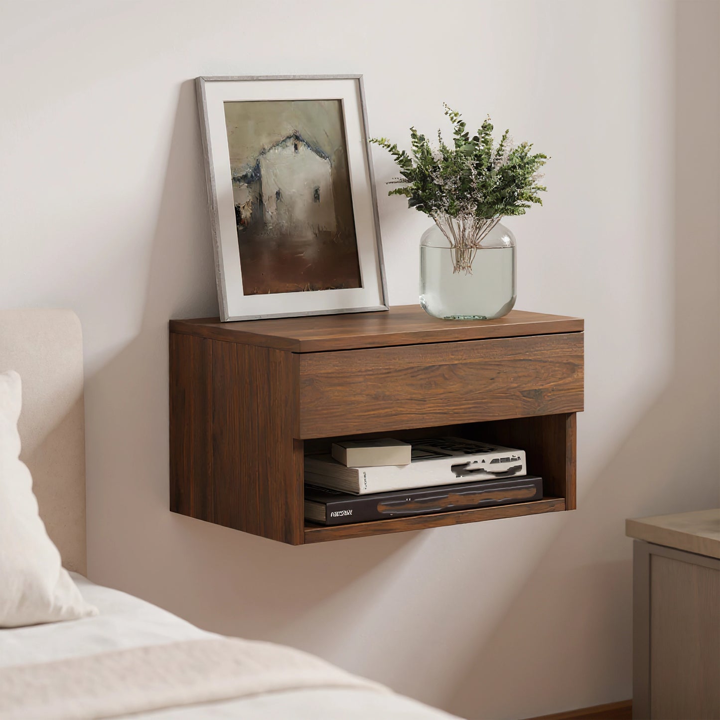 Oak Floating Bedside Table with Drawer, Wall Mount Nightstand, 15.7" Wide Modern Bedside Organizer