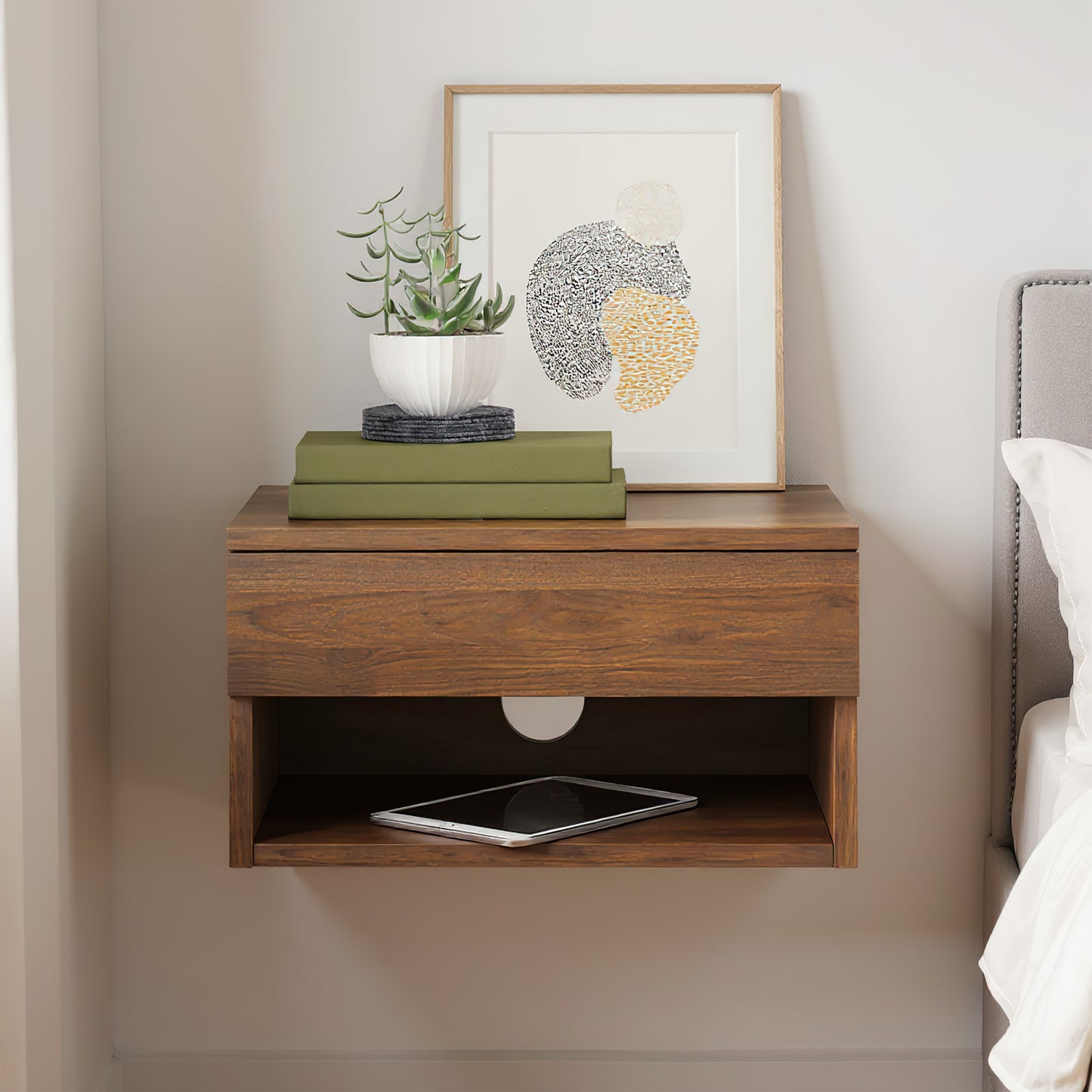 Oak Floating Bedside Table with Drawer, Wall Mount Nightstand, 15.7" Wide Modern Bedside Organizer