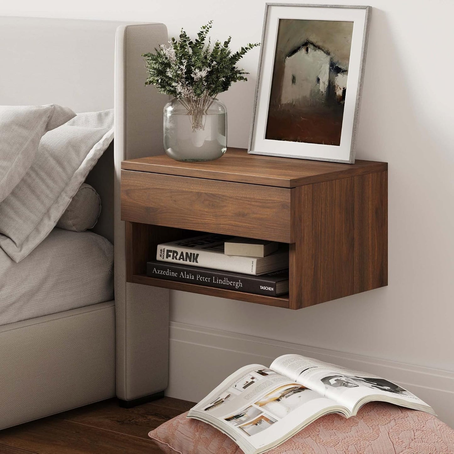 Oak Floating Bedside Table with Drawer, Wall Mount Nightstand, 15.7" Wide Modern Bedside Organizer