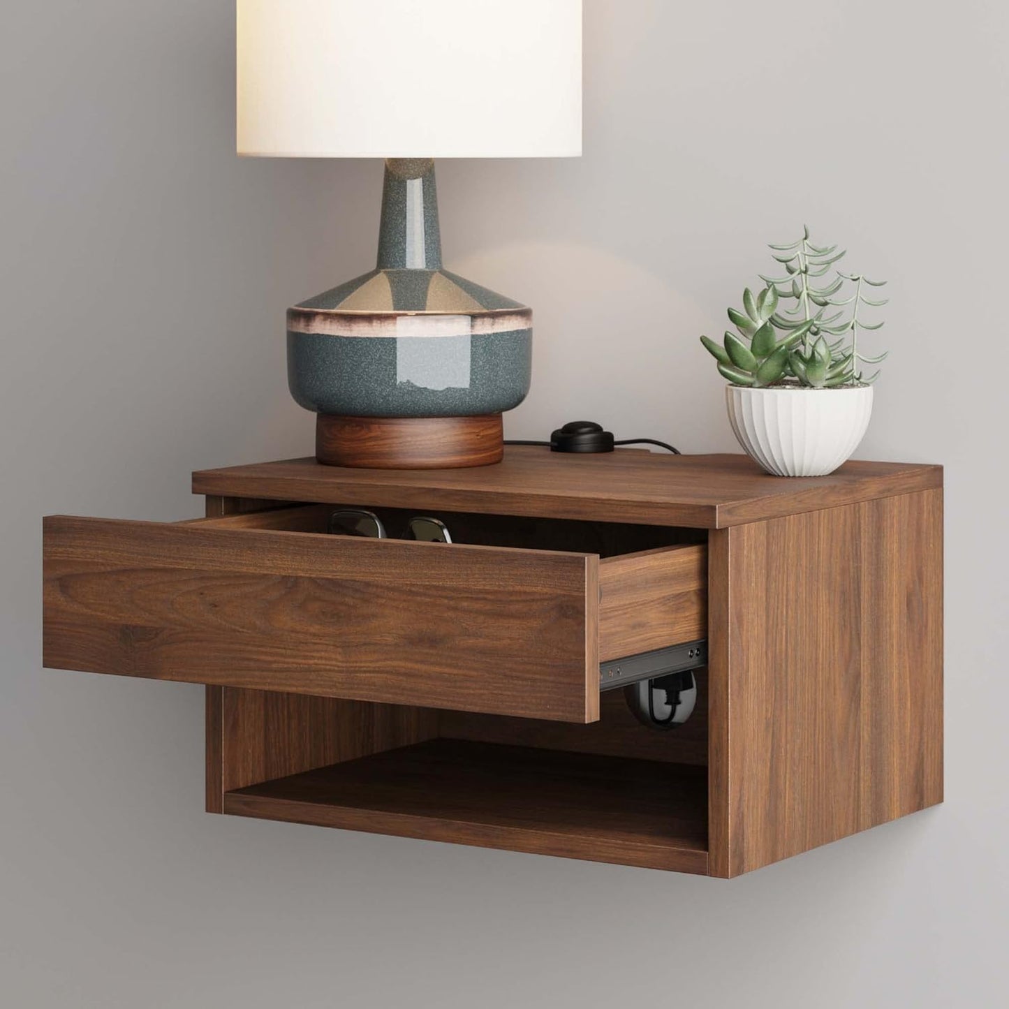 Oak Floating Bedside Table with Drawer, Wall Mount Nightstand, 15.7" Wide Modern Bedside Organizer