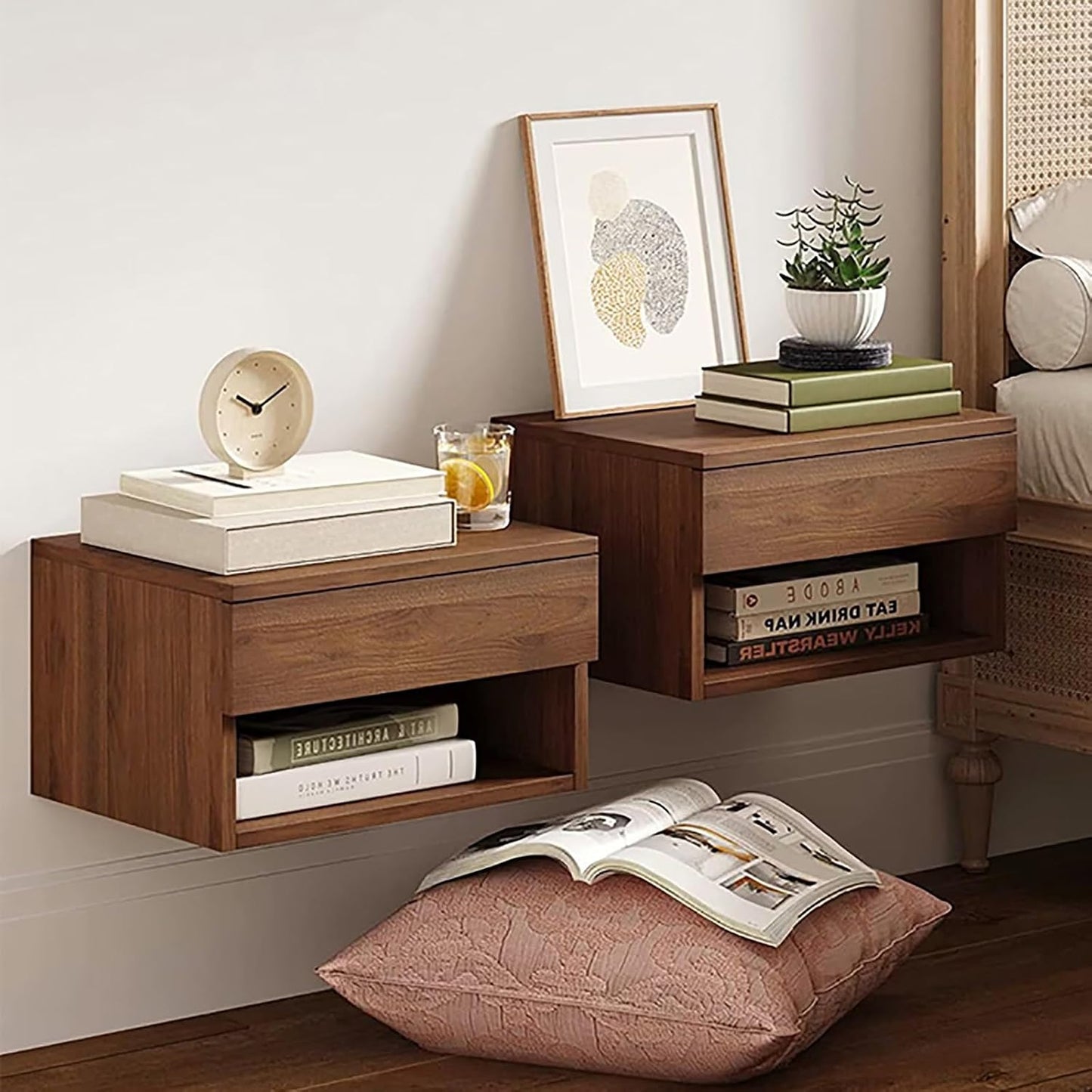 Oak Floating Bedside Table with Drawer, Wall Mount Nightstand, 15.7" Wide Modern Bedside Organizer