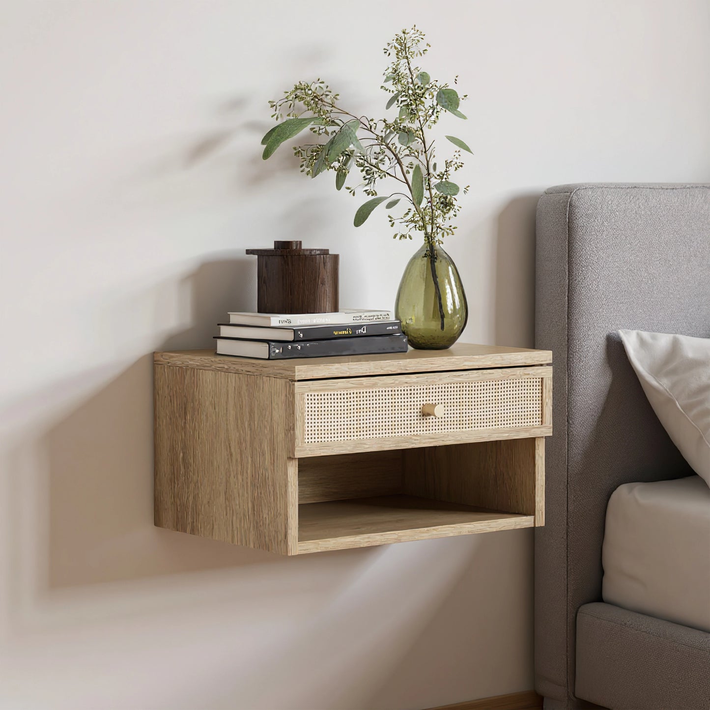 Oak Floating Bedside Table with Drawer, Wall Mount Nightstand, 15.7" Wide Modern Bedside Organizer