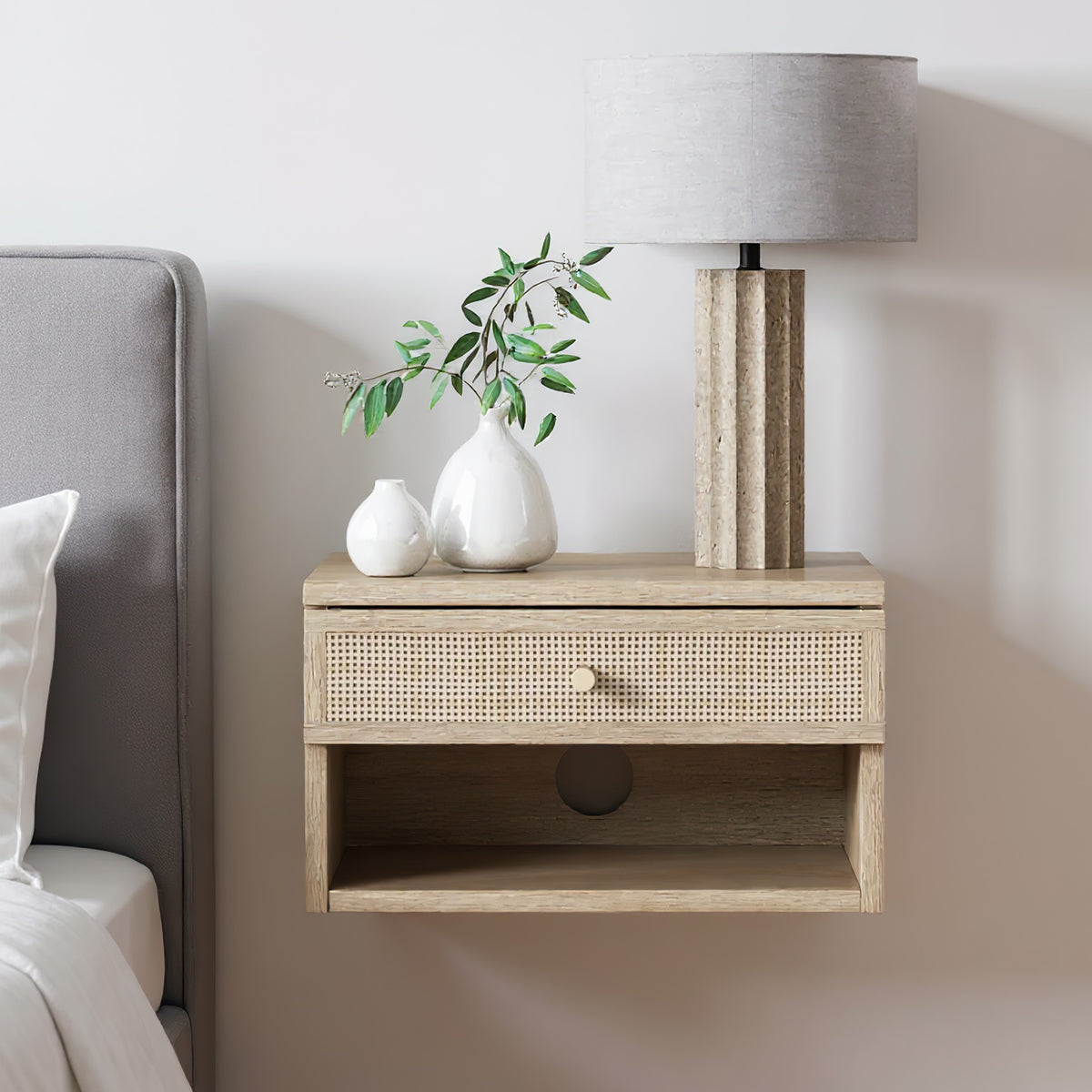 Oak Floating Bedside Table with Drawer, Wall Mount Nightstand, 15.7" Wide Modern Bedside Organizer