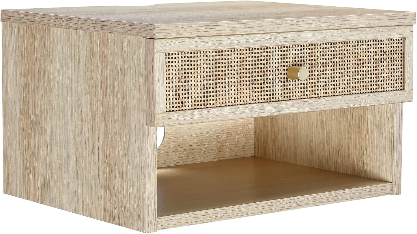 Oak Floating Bedside Table with Drawer, Wall Mount Nightstand, 15.7" Wide Modern Bedside Organizer