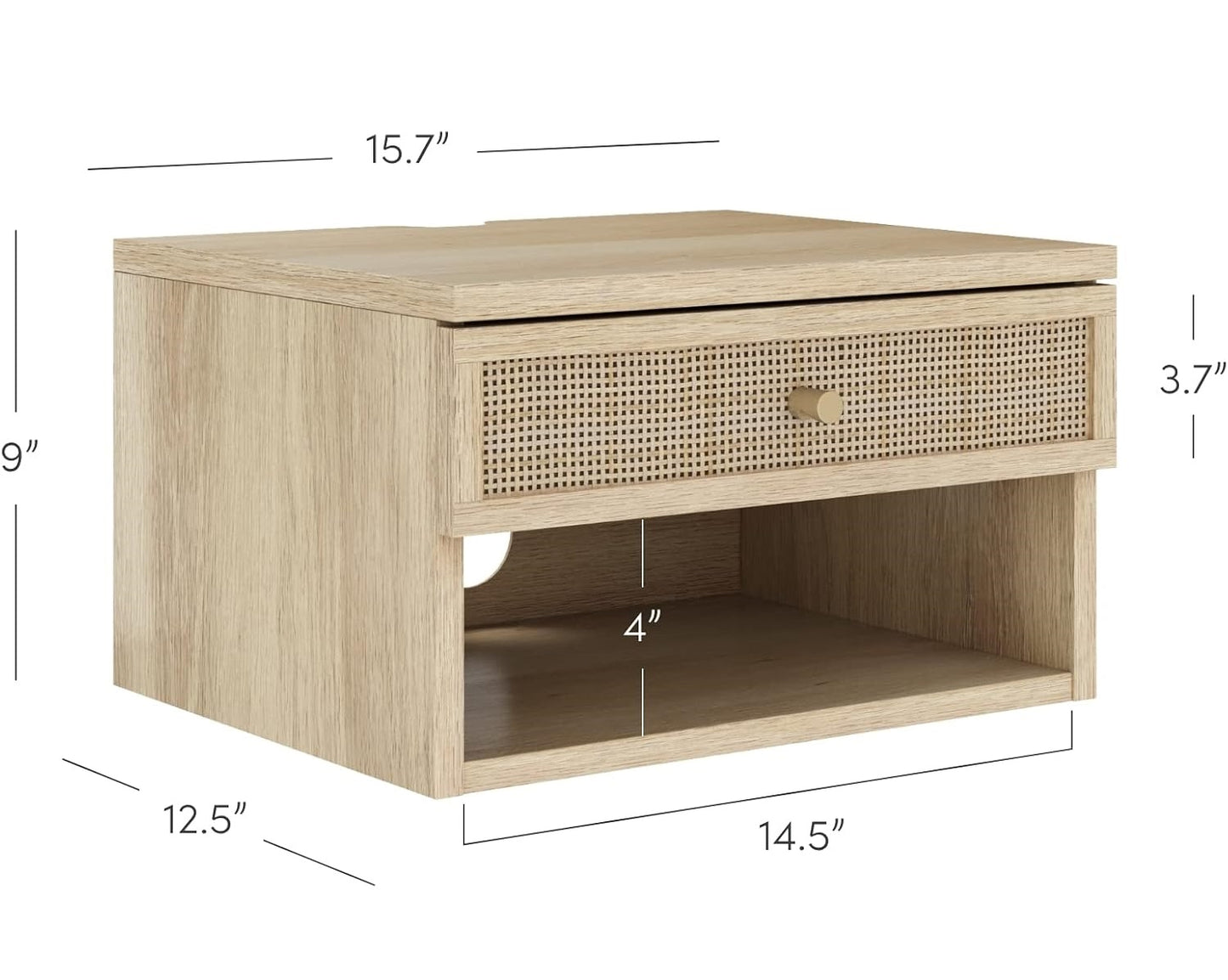 Oak Floating Bedside Table with Drawer, Wall Mount Nightstand, 15.7" Wide Modern Bedside Organizer