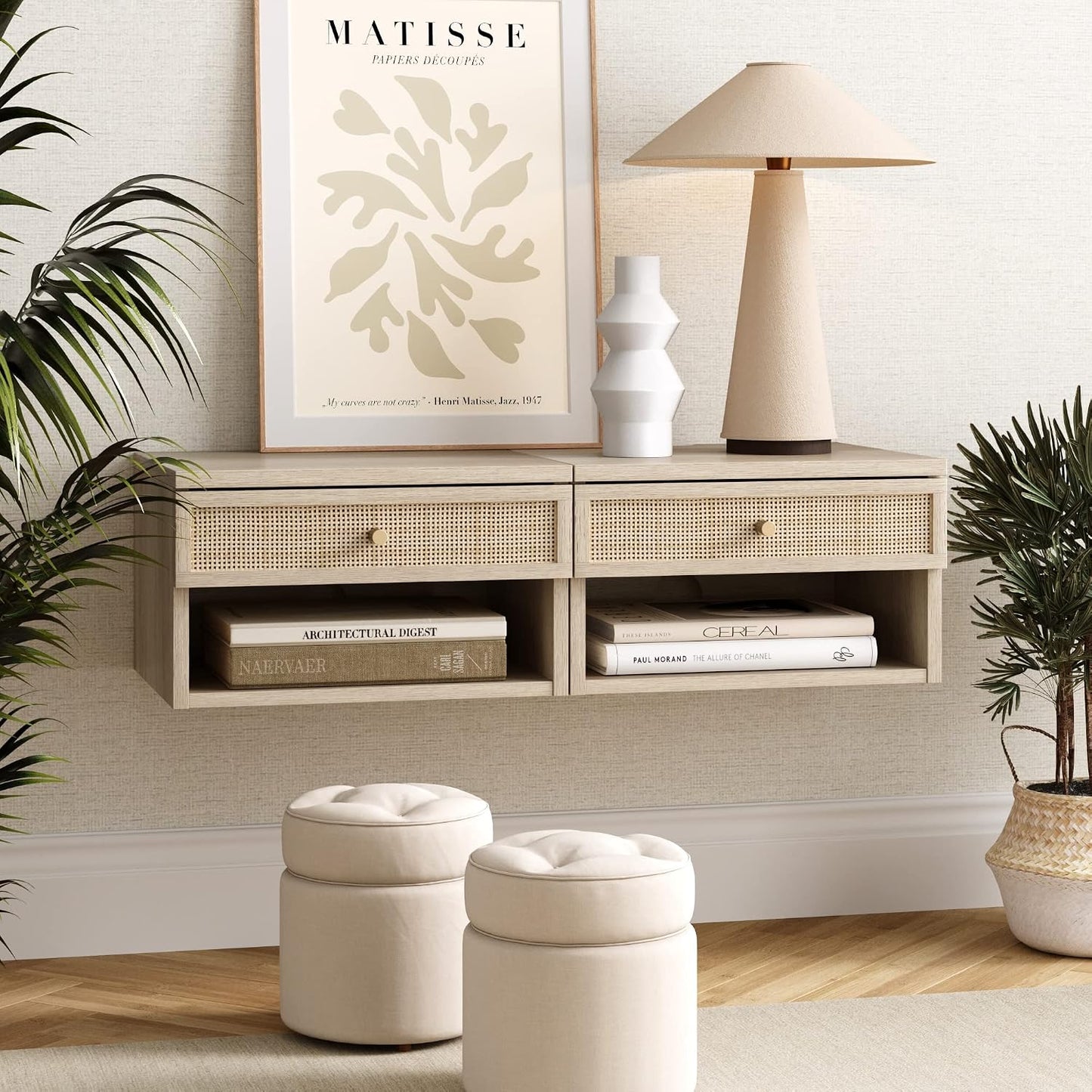 Oak Floating Bedside Table with Drawer, Wall Mount Nightstand, 15.7" Wide Modern Bedside Organizer