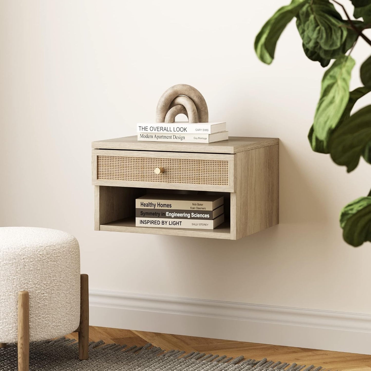 Oak Floating Bedside Table with Drawer, Wall Mount Nightstand, 15.7" Wide Modern Bedside Organizer