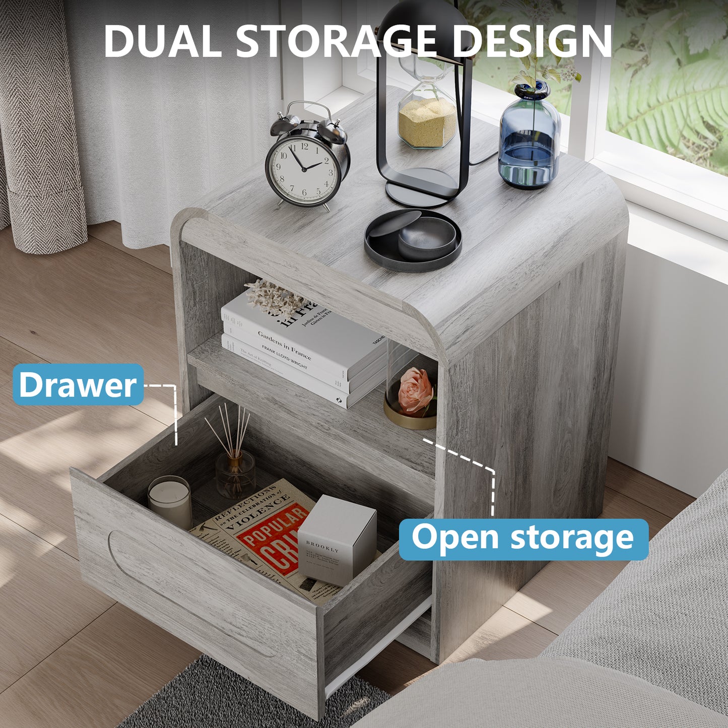 Night Stands for Bedroom Living Room with Drawer Storage Curved Bed Side Table