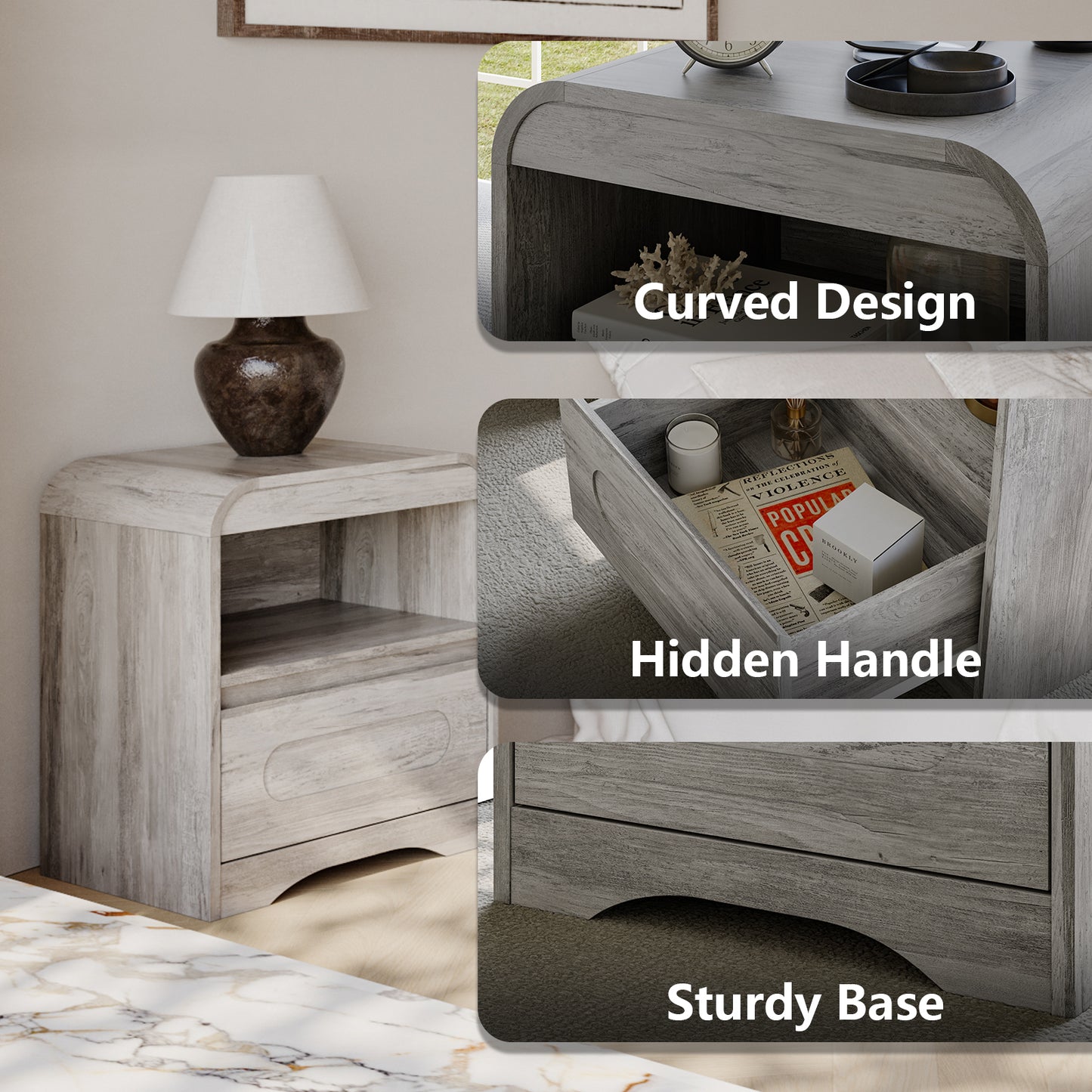 Night Stands for Bedroom Living Room with Drawer Storage Curved Bed Side Table