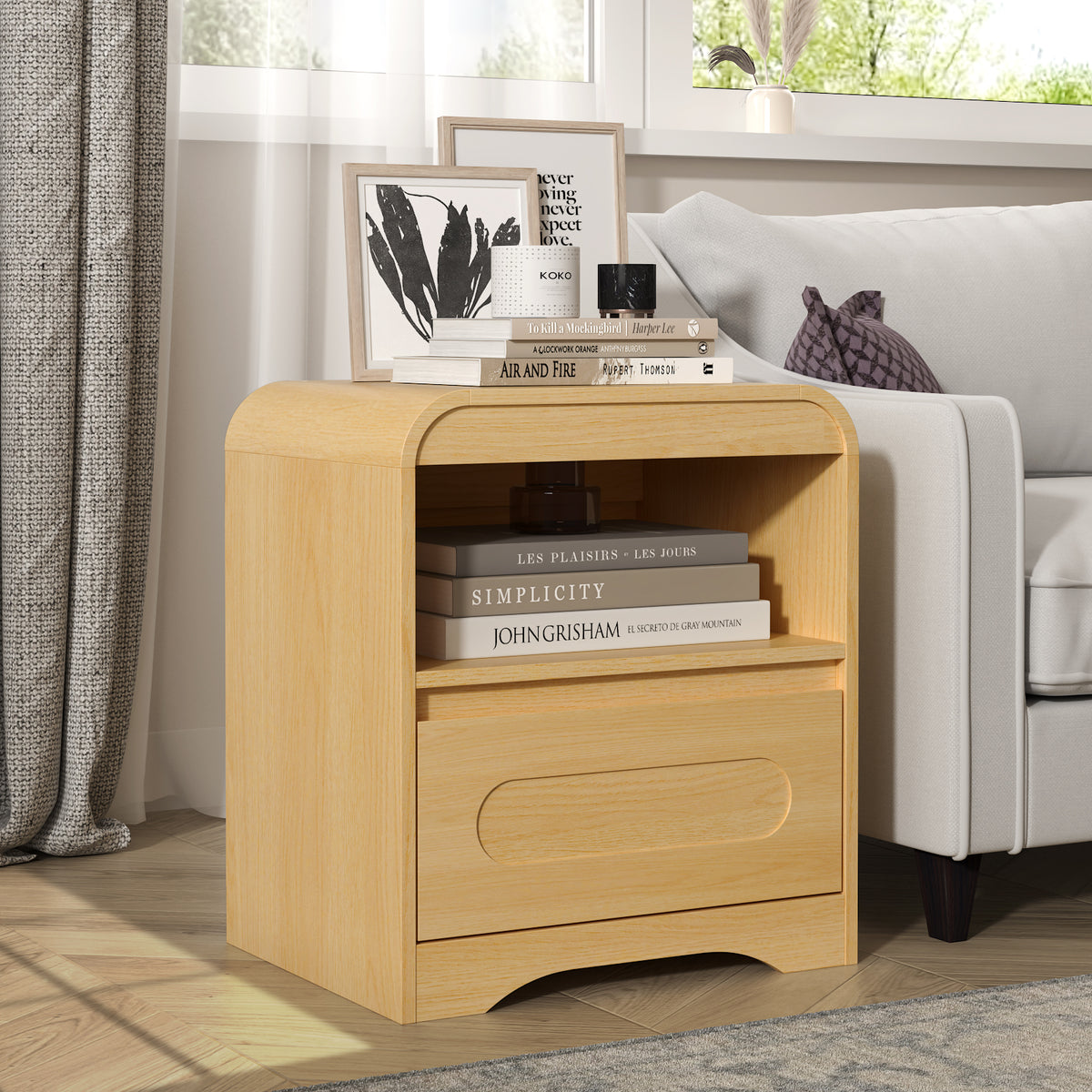 Nightstands with Drawer Storage, Curved Bedside Table for Bedroom