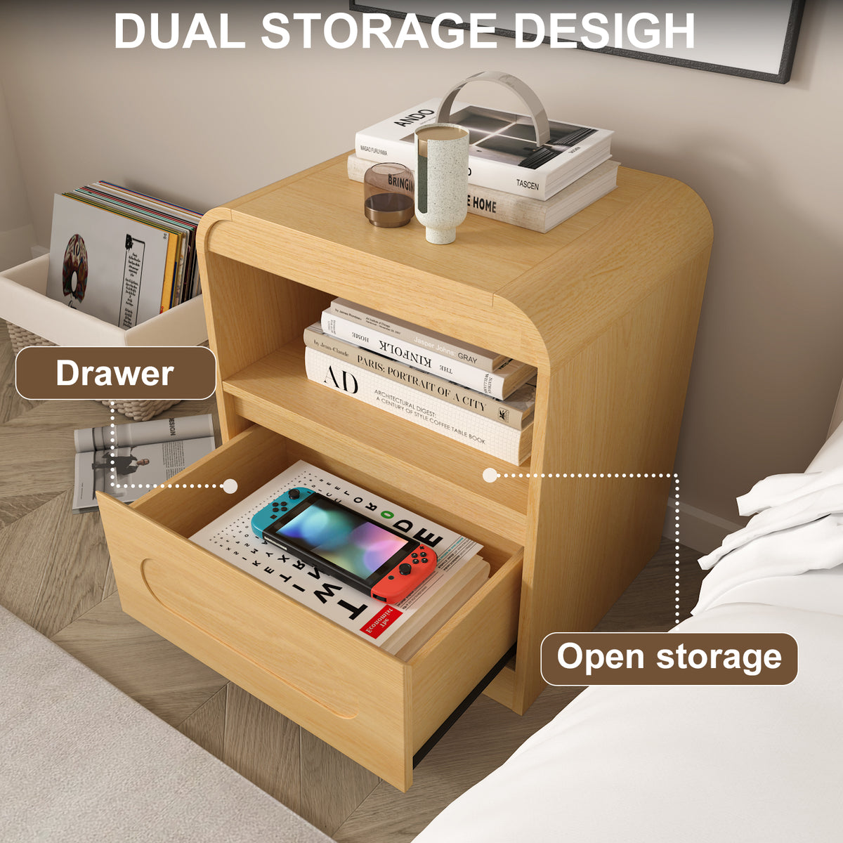 Nightstands with Drawer Storage, Curved Bedside Table for Bedroom