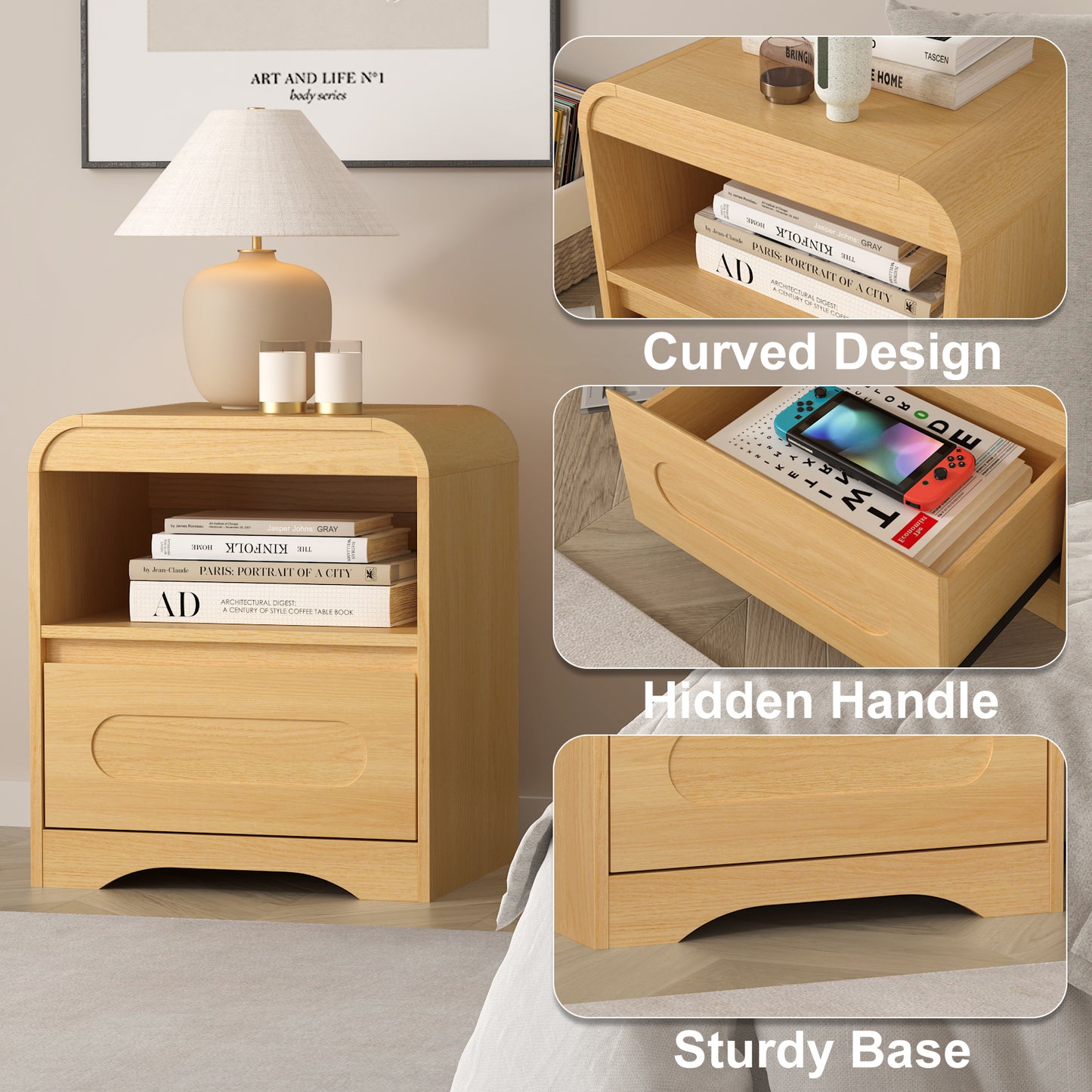 Night Stands for Bedroom Living Room with Drawer Storage Curved Bed Side Table