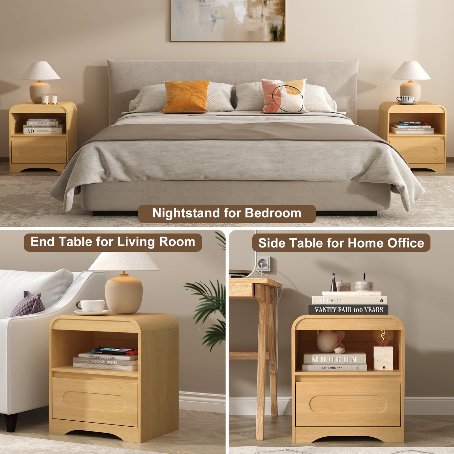 Night Stands for Bedroom Living Room with Drawer Storage Curved Bed Side Table