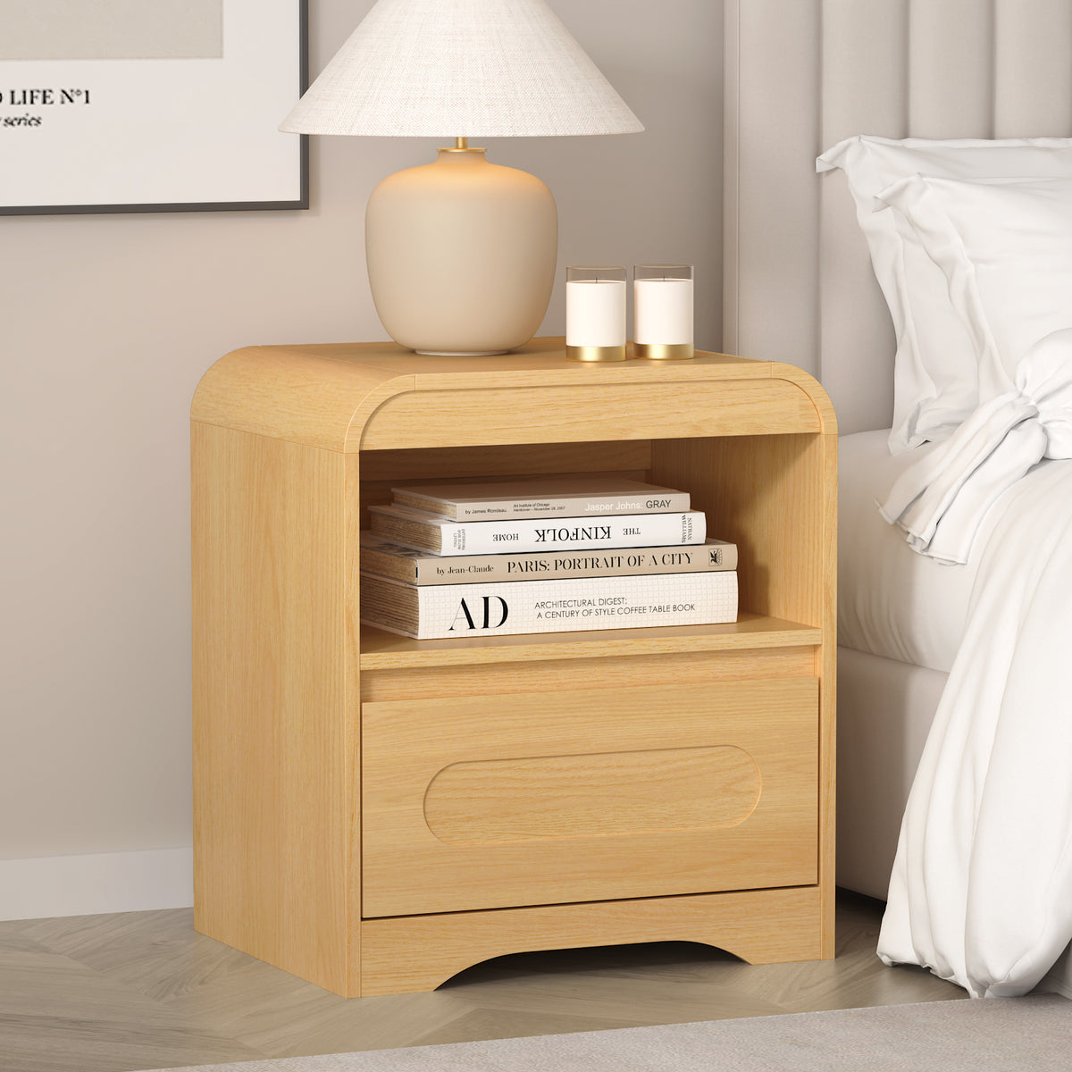 Nightstands with Drawer Storage, Curved Bedside Table for Bedroom