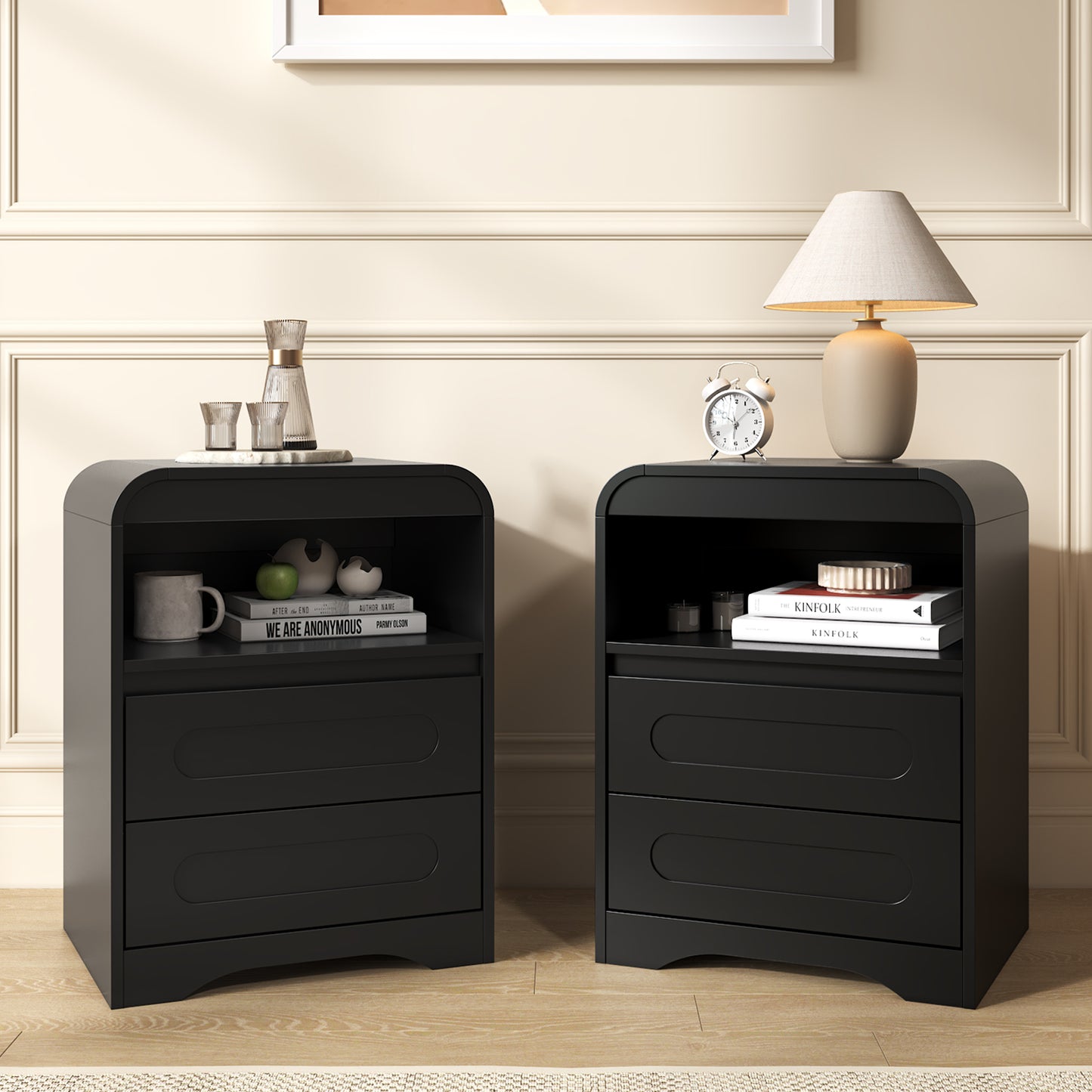 Mid-Century Wooded Arched Nightstand with 2 Drawers, Black