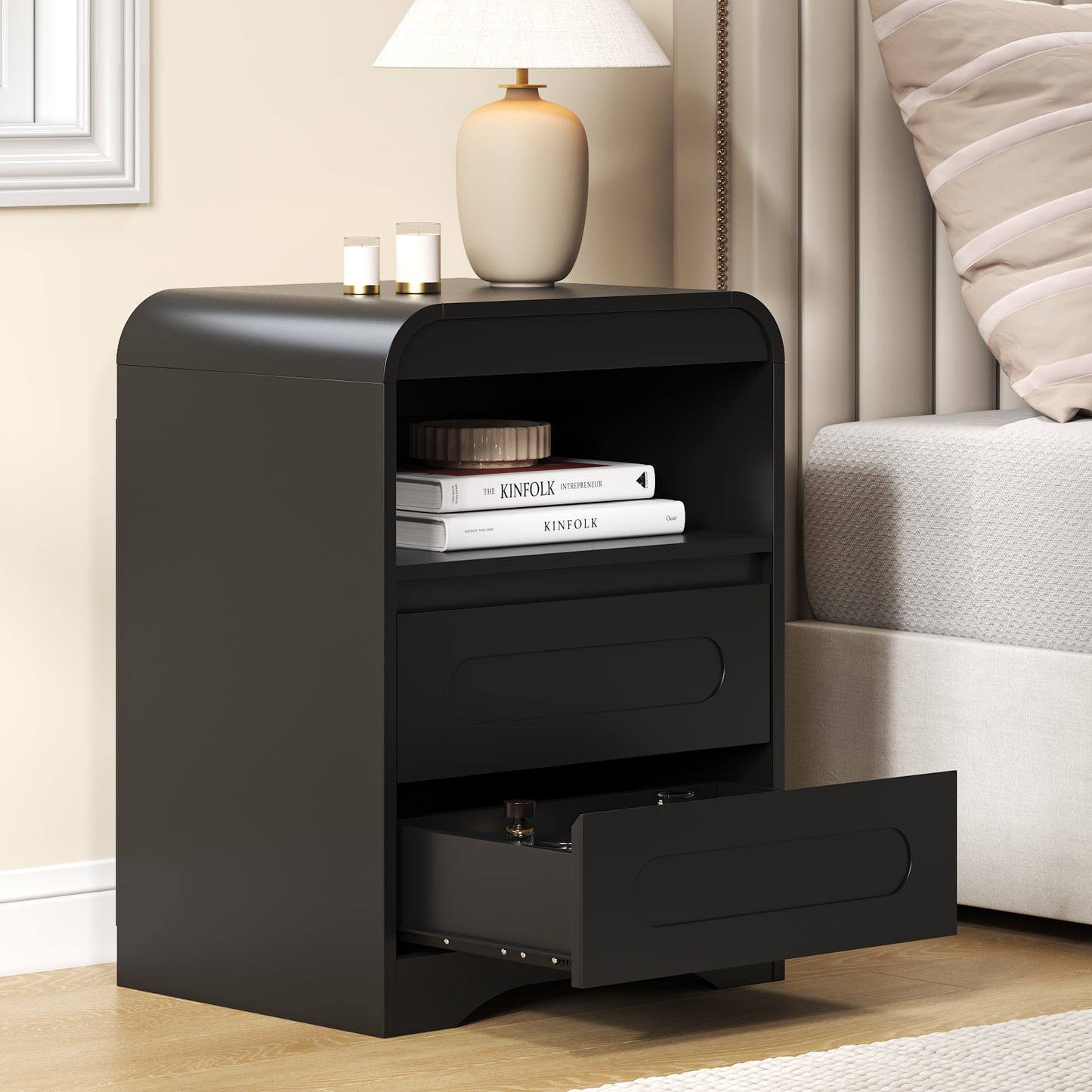 Mid-Century Wooded Arched Nightstand with 2 Drawers, Black