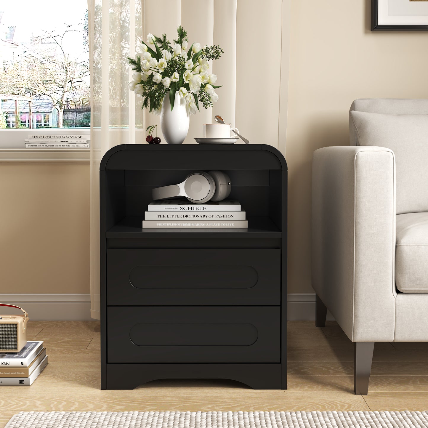 Mid-Century Wooded Arched Nightstand with 2 Drawers, Black