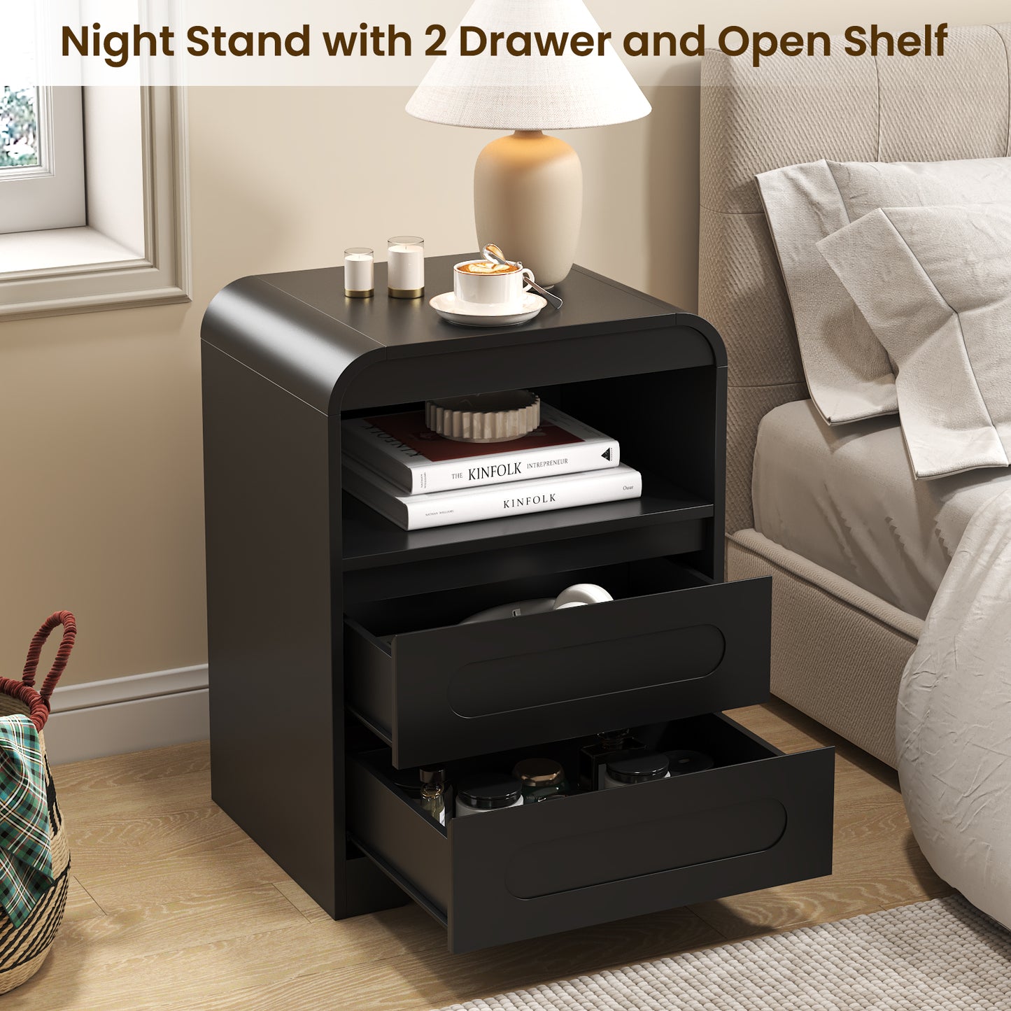 Mid-Century Wooded Arched Nightstand with 2 Drawers, Black
