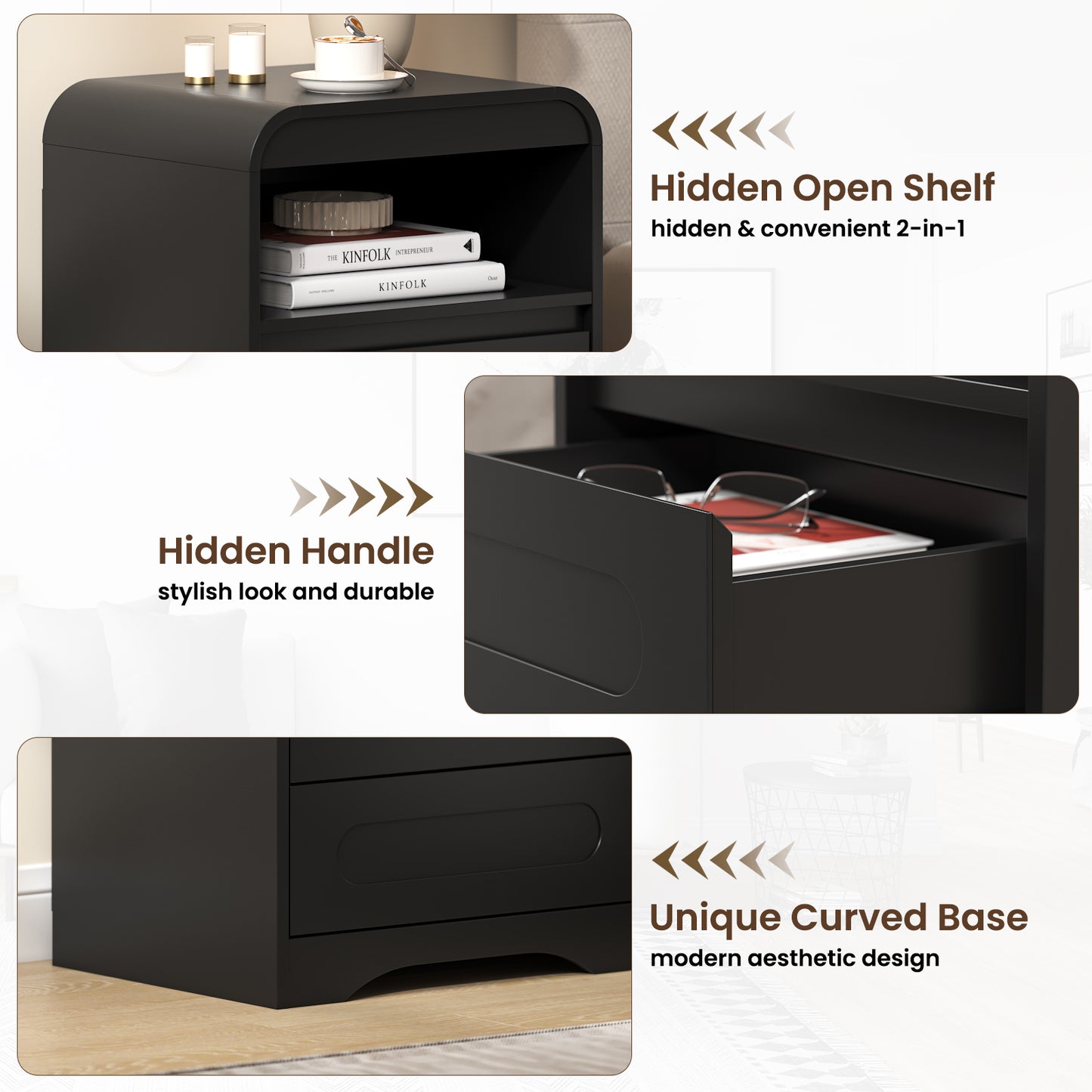 Mid-Century Wooded Arched Nightstand with 2 Drawers, Black