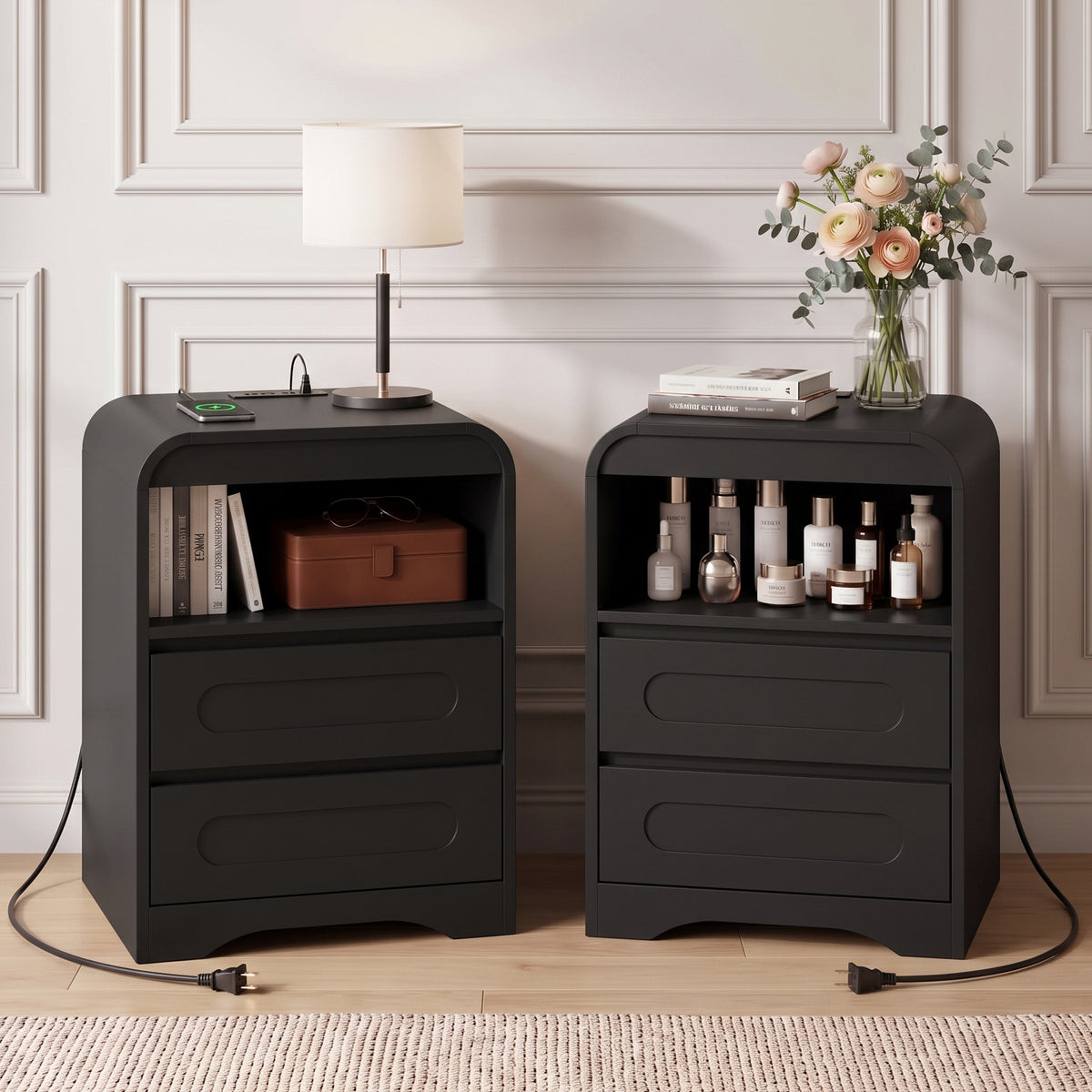 Nightstand Set With Storage And Built-In Outlets (Set Of 2)