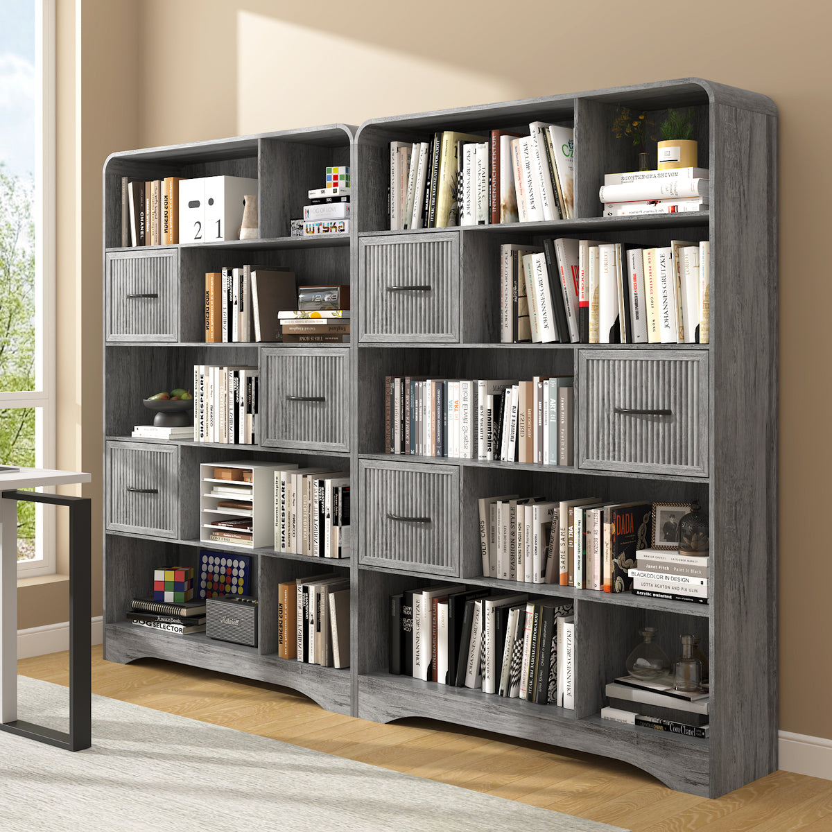 SOLACE FURNITURE 70" Book Shelf and Bookcase, Tall Bookshelf with Drawers, Modern 5 Tier Bookcase with 3 Bins Storage