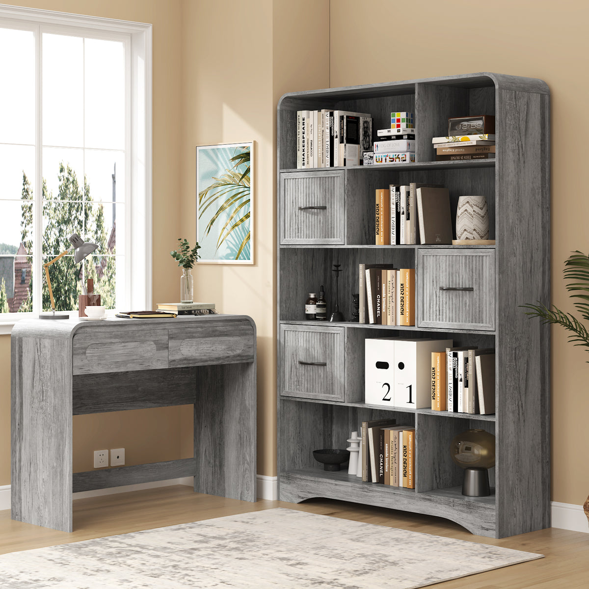 70" Tall Bookshelf, 5 Tier Bookcase with Drawer