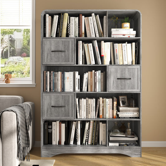 SOLACE FURNITURE 70" Book Shelf and Bookcase, Tall Bookshelf with Drawers, Modern 5 Tier Bookcase with 3 Bins Storage