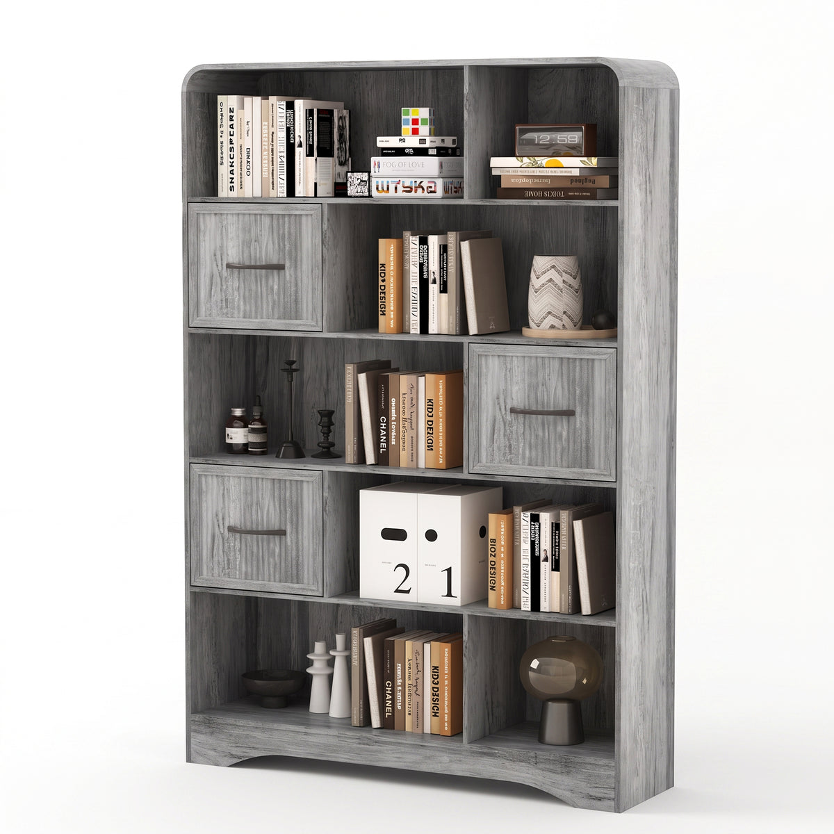 SOLACE FURNITURE 70" Book Shelf and Bookcase, Tall Bookshelf with Drawers, Modern 5 Tier Bookcase with 3 Bins Storage