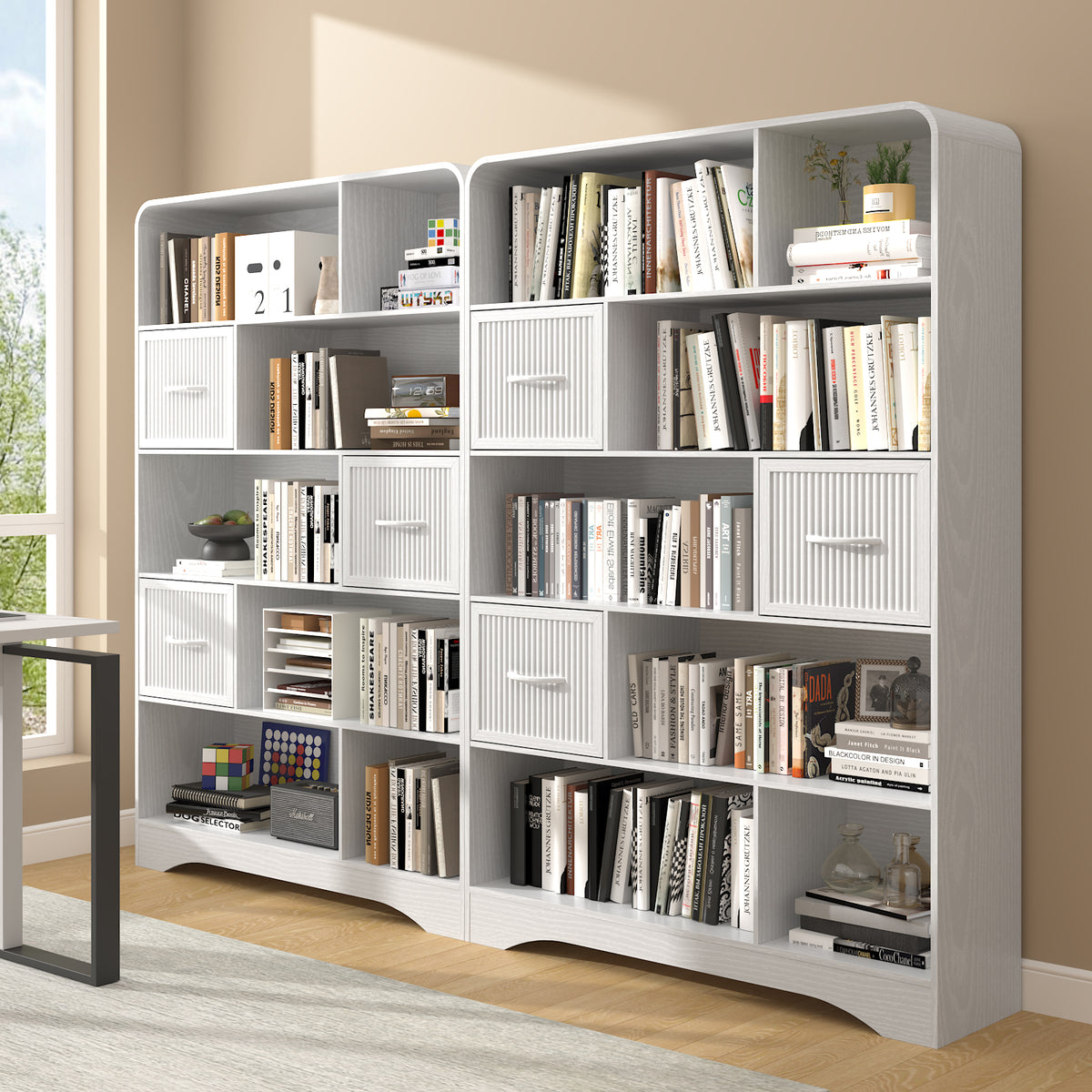 SOLACE FURNITURE 70" Book Shelf and Bookcase, Tall Bookshelf with Drawers, Modern 5 Tier Bookcase with 3 Bins Storage
