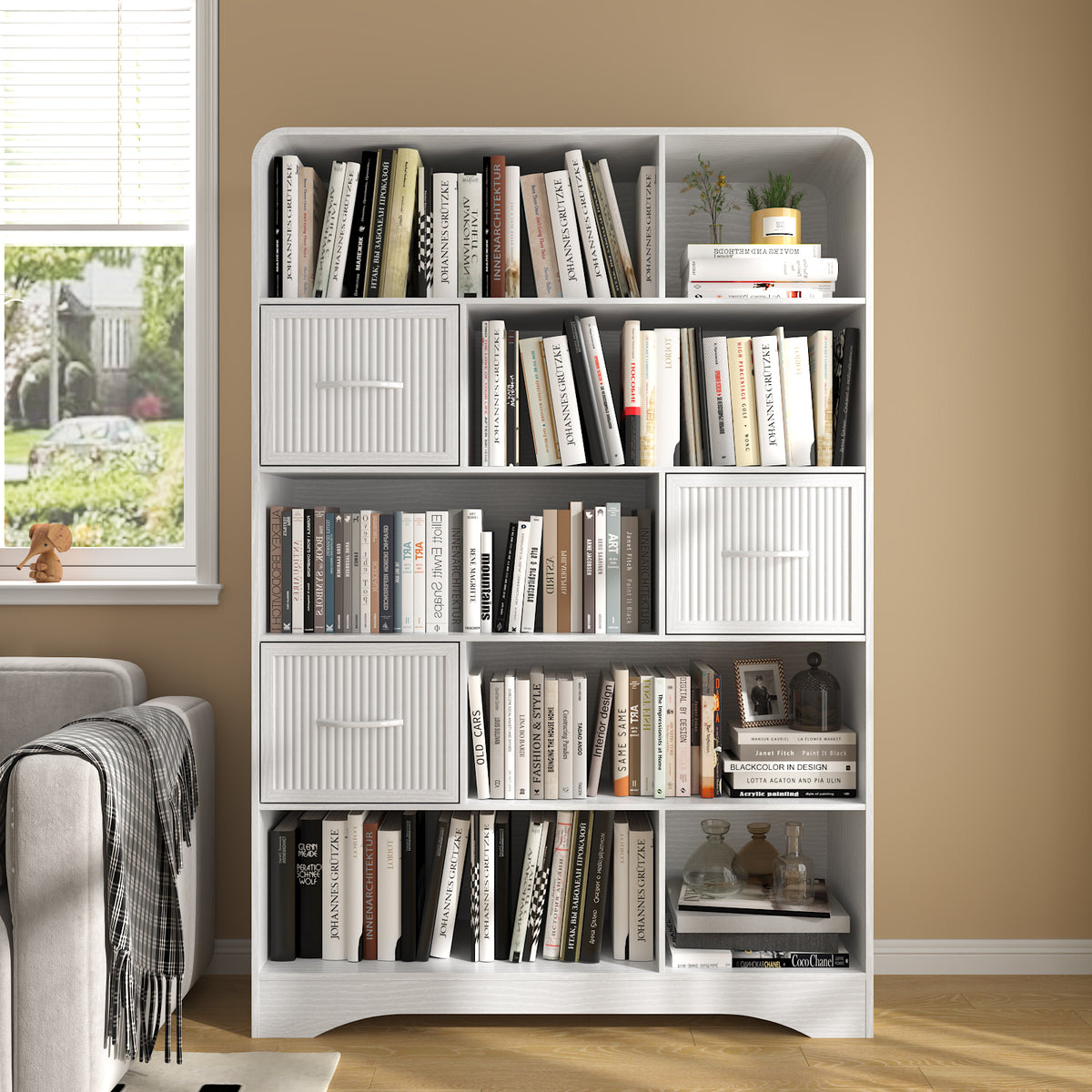 SOLACE FURNITURE 70" Book Shelf and Bookcase, Tall Bookshelf with Drawers, Modern 5 Tier Bookcase with 3 Bins Storage