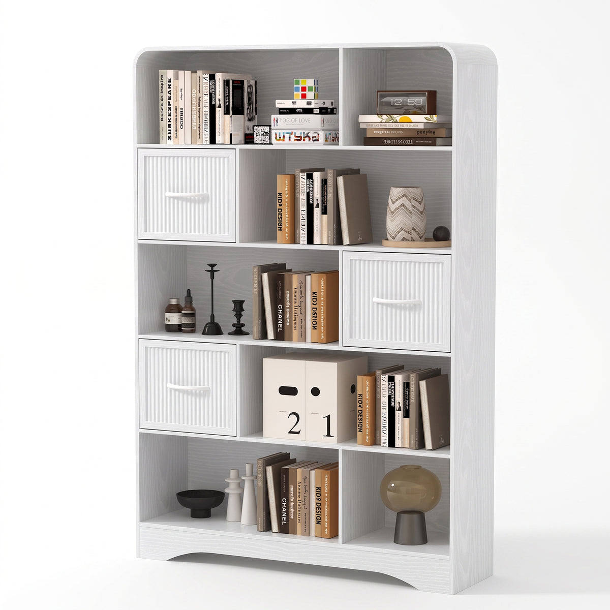 SOLACE FURNITURE 70" Book Shelf and Bookcase, Tall Bookshelf with Drawers, Modern 5 Tier Bookcase with 3 Bins Storage