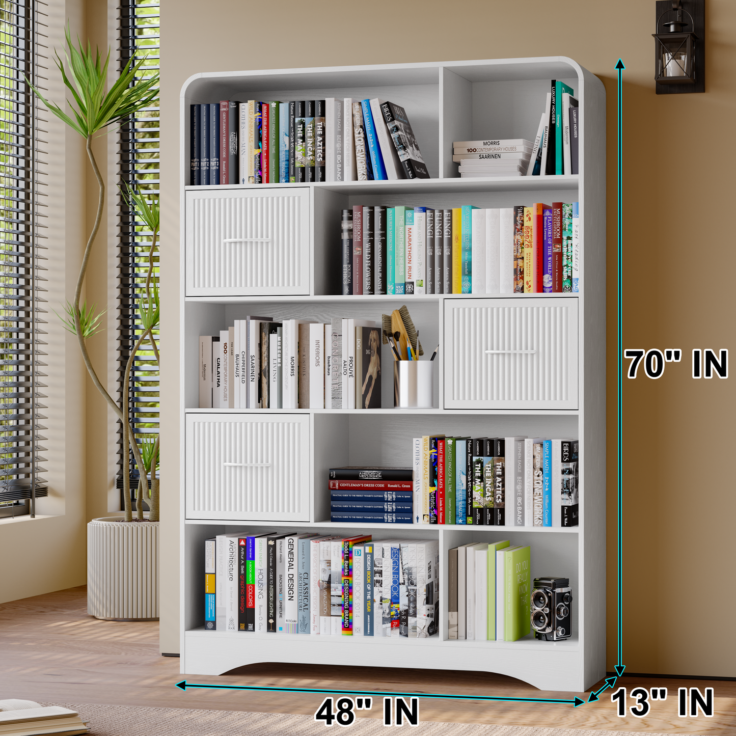 SOLACE FURNITURE 70" Book Shelf and Bookcase, Tall Bookshelf with Drawers, 48" Wide Modern 5 Tier Bookcase with 3 Bins Storage